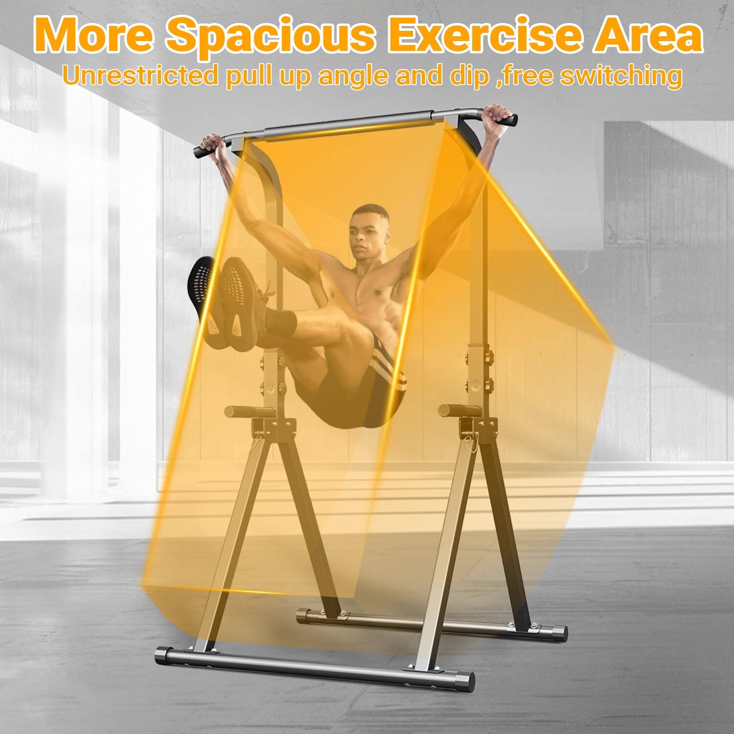 More Spacious Exercise Area  
Unrestricted pull up angle and dip, free switching