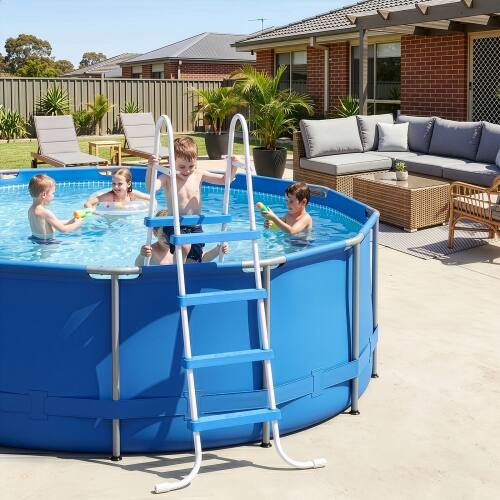 Alt View 8. Winado - 4-Step Swimming Pool Ladder Steel Frame 300lbs Capacity for Indoor Outdoor Above Ground Pools, Double-Sided Pool Stairs - White Frame & Blue Pedals.