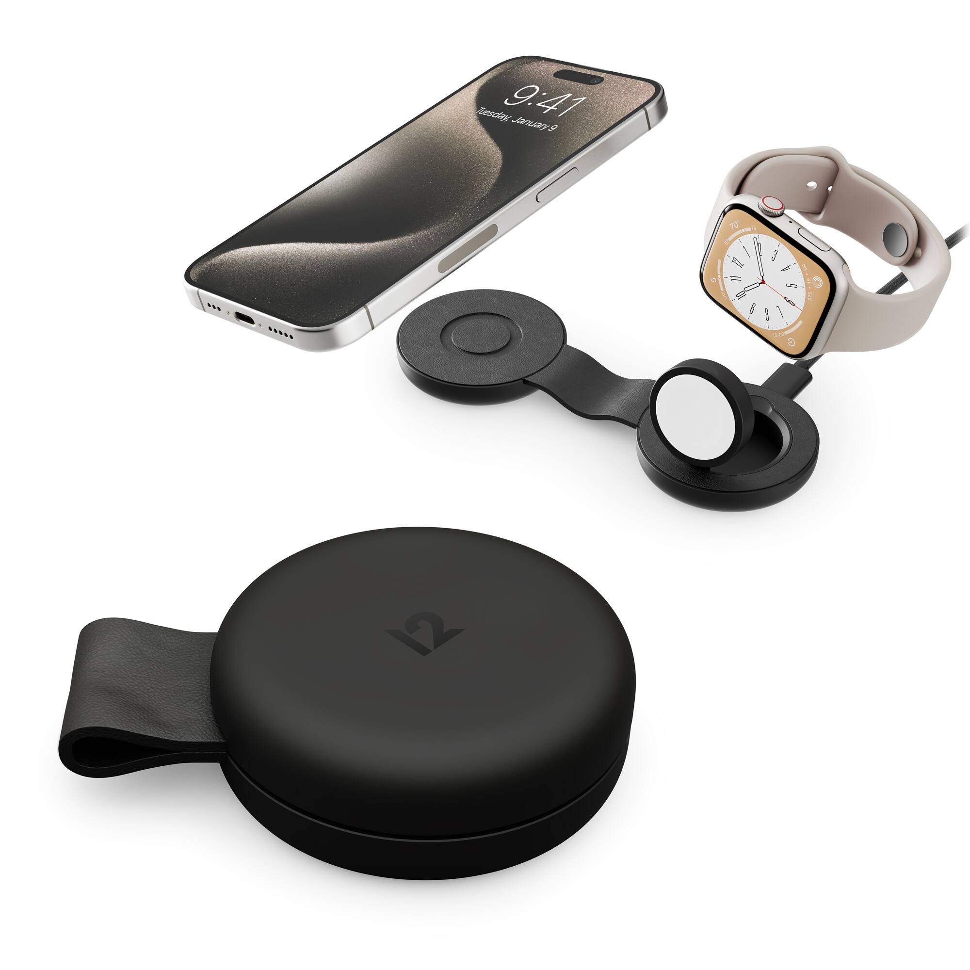 The image features a smartphone, a watch, and a charging station. The phone is placed on a charging station, which is connected to the watch. The watch is positioned on the charging station, indicating that it is being charged. The scene suggests that the user is taking a break from their busy day to recharge their devices.