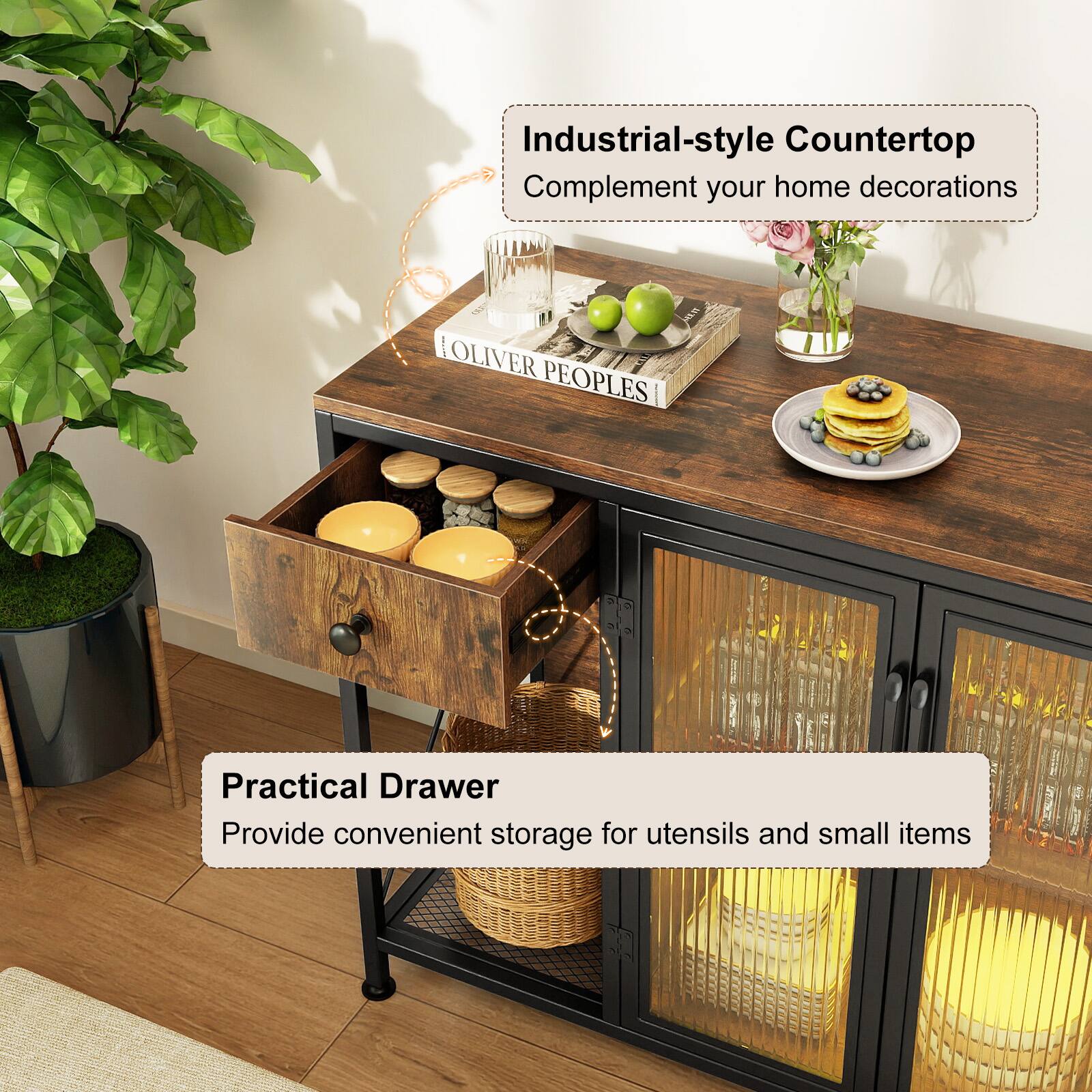 Industrial-style Countertop  
Complement your home decorations  

Practical Drawer  
Provide convenient storage for utensils and small items