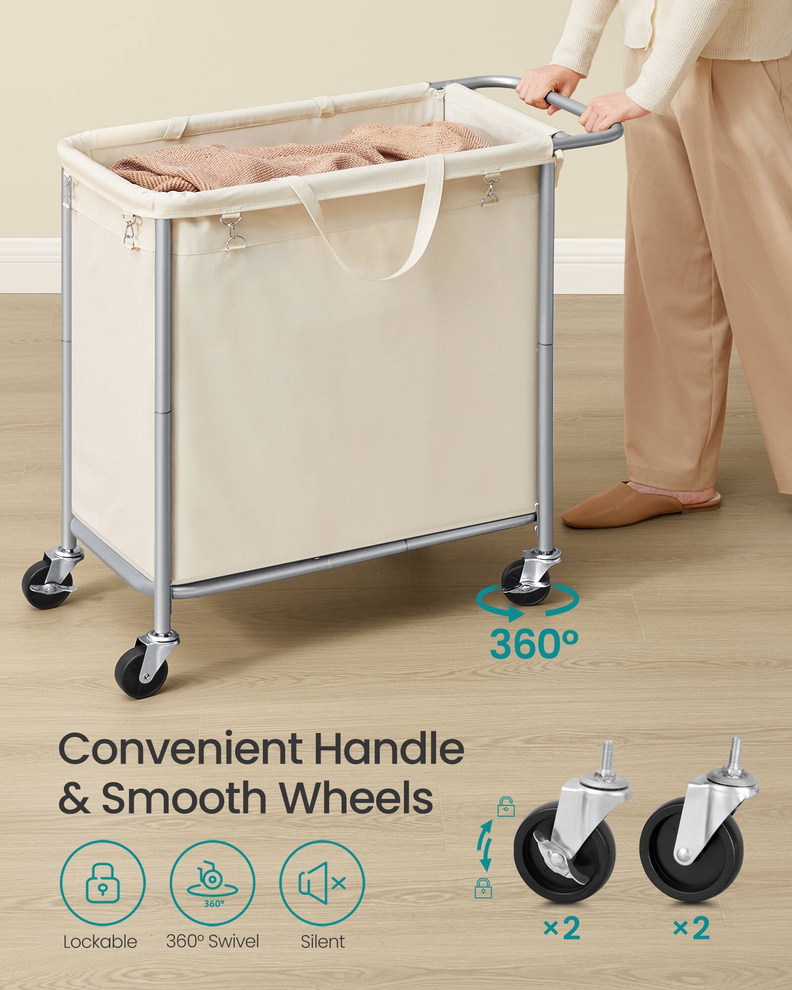 360 Convenient Handle & Smooth Wheels  
- 360 Lockable  
- 360 Swivel  
- Silent x2  
- x2
