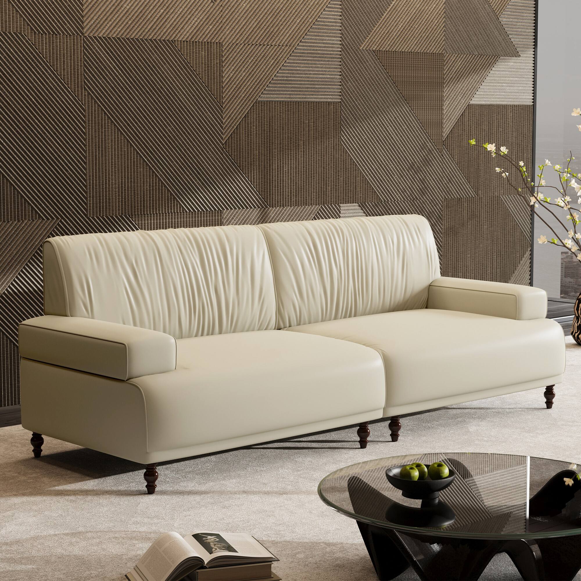 Front. luck idea - 86.4" Leather Sofa, Modern Living Room Sofa Combination - Off-white.