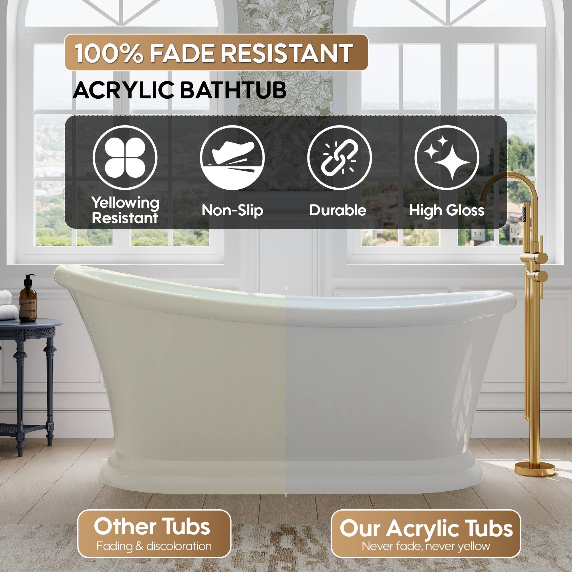 100% FADE RESISTANT ACRYLIC BATHTUB

Yellowing Resistant
Non-Slip
Durable
High Gloss

Other Tubs
Fading & discoloration

Our Acrylic Tubs
Never fade, never yellow