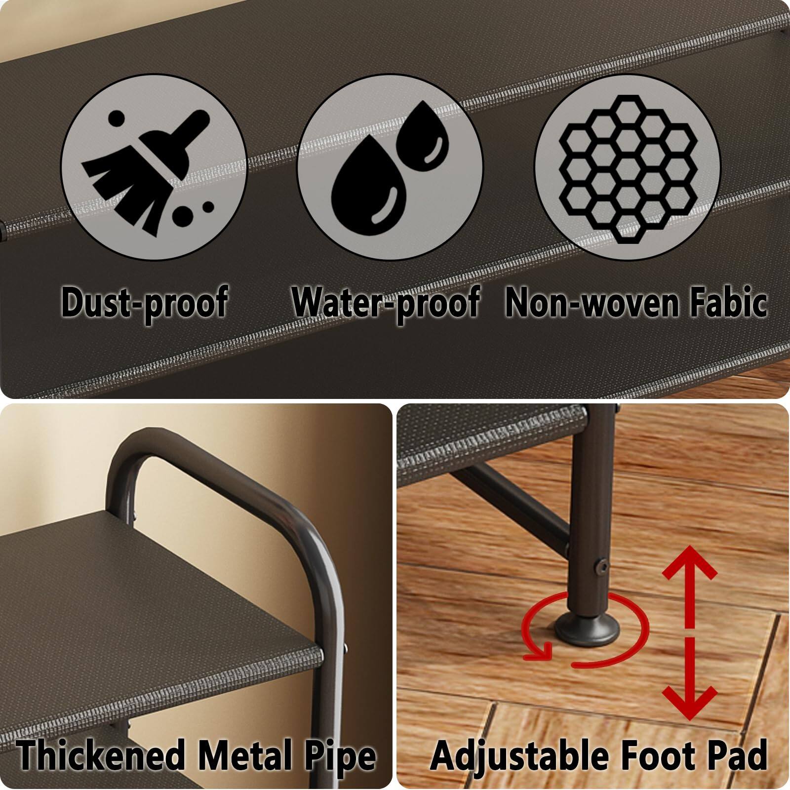 - Dust-proof
- Water-proof
- Non-woven Fabric
- Thickened Metal Pipe
- Adjustable Foot Pad
