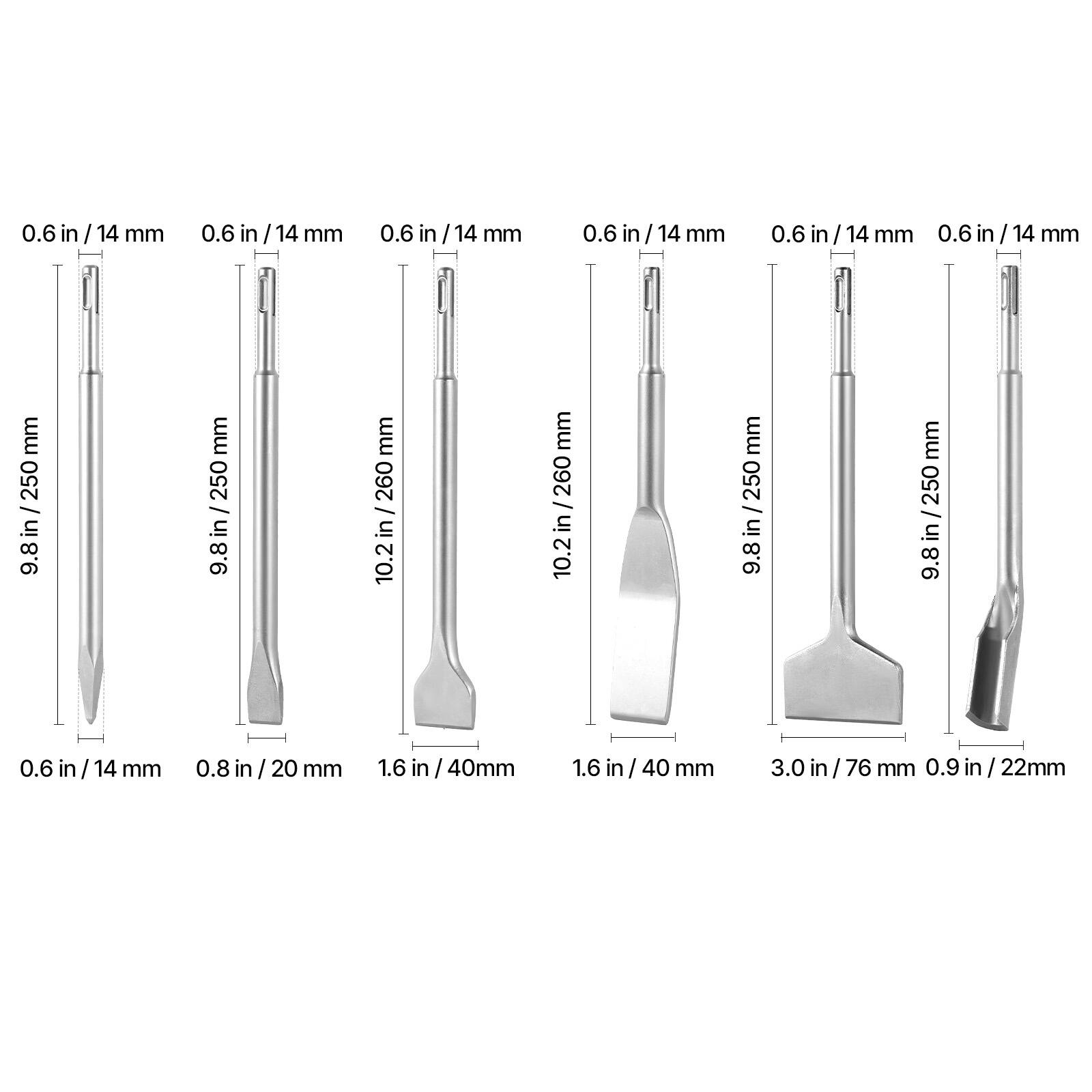 0.6 in / 14 mm  
0.6 in / 14 mm  
0.6 in / 14 mm  
0.6 in / 14 mm  
0.6 in / 14 mm  
9.8 in / 250 mm  
9.8 in / 250 mm  
10.2 in / 260 mm  
10.2 in / 260 mm  
0.6 in / 14 mm  
0.8 in / 20 mm  
1.6 in / 40 mm  
1.6 in / 40 mm  
3.0 in / 76 mm  
0.9 in / 22 mm