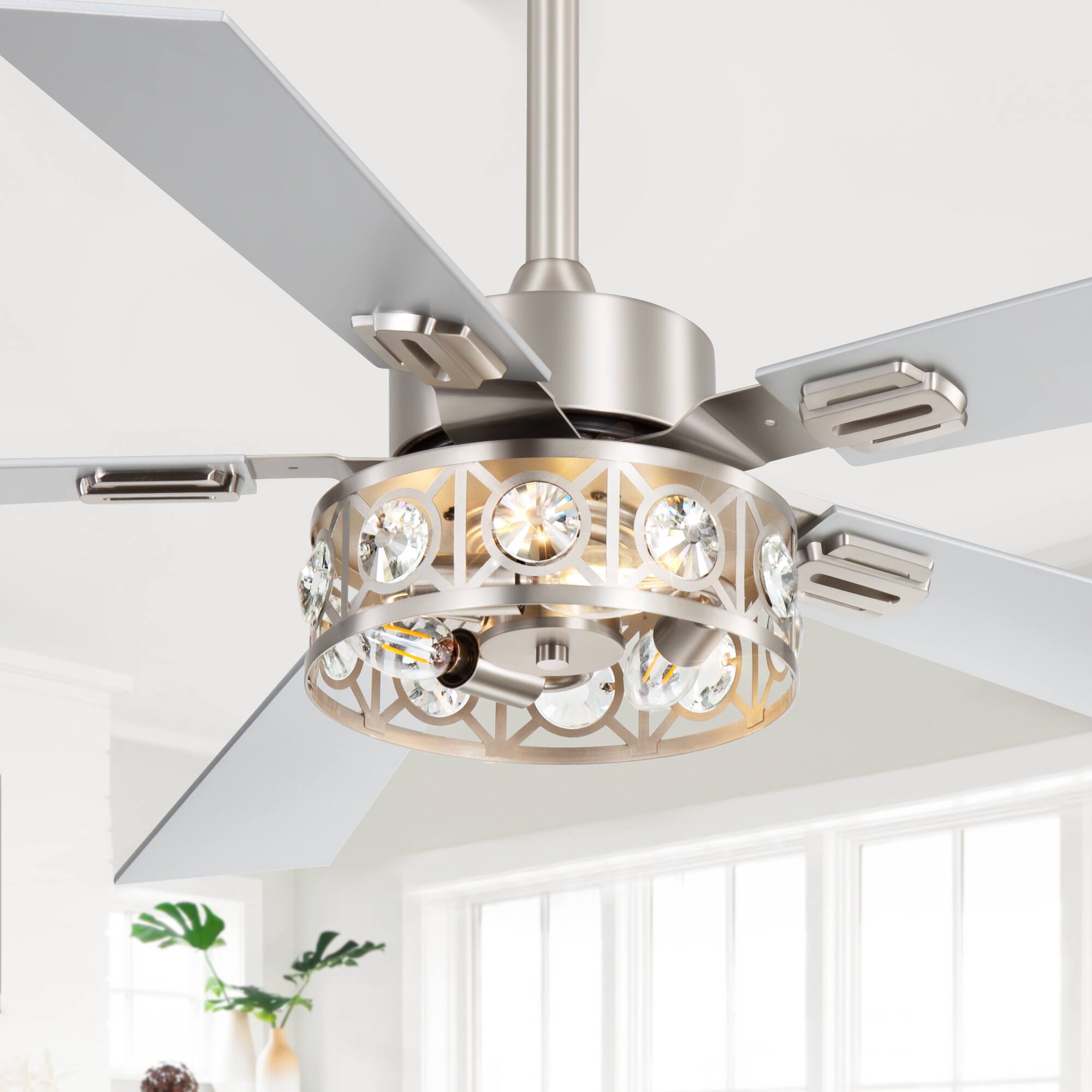 Back. Breezary - 48-Inch Ceiling Fan with 5 Plywood Blades, DC Motor, 6-Speed Remote Control, 4'' & 8'' Downrods, Timer & Memory - Satin Nickel and Silver.