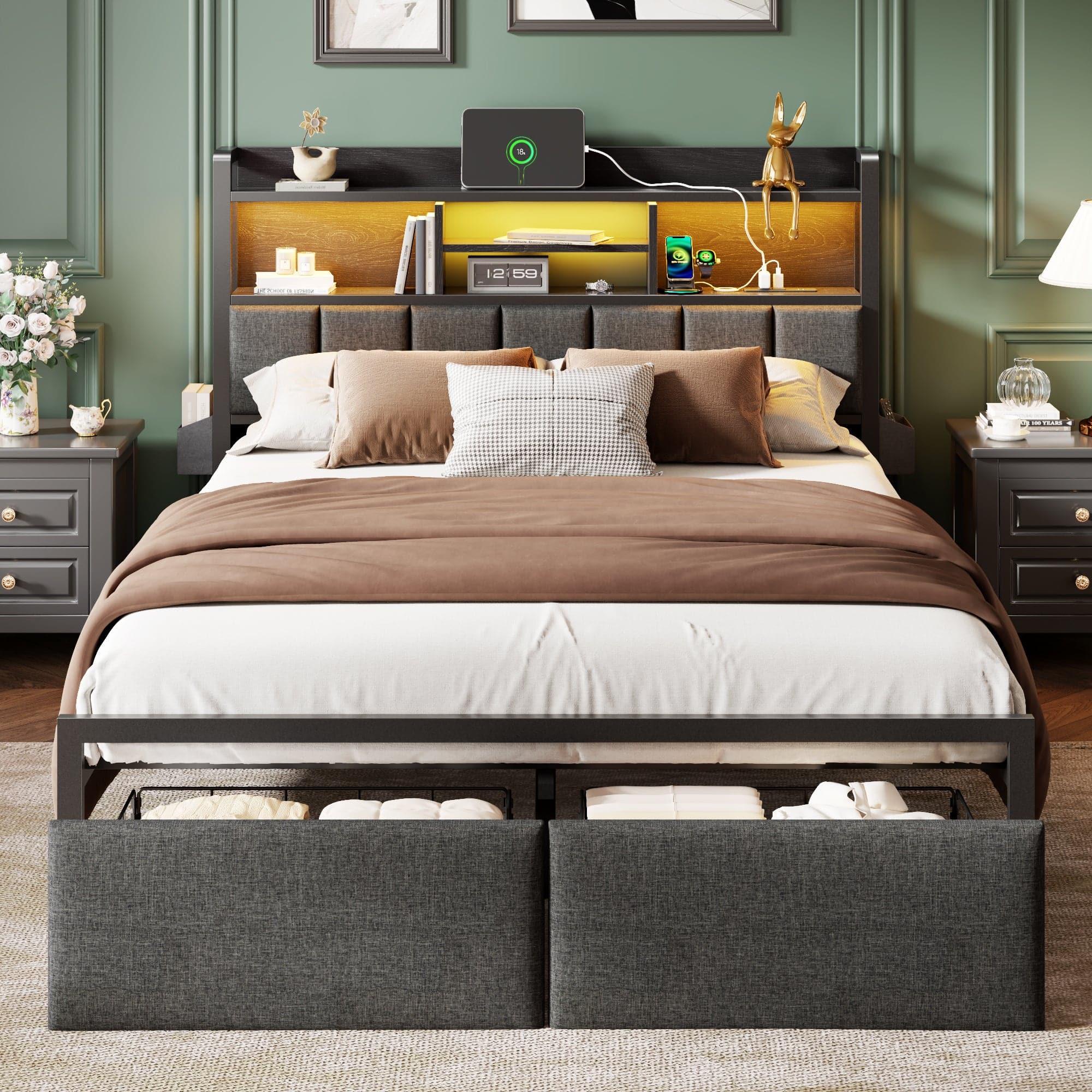 Furnulem - Upholstered Bed Frame with 2 Storage Drawers Modern Platform Bed with Charging Station & LED Light - Black