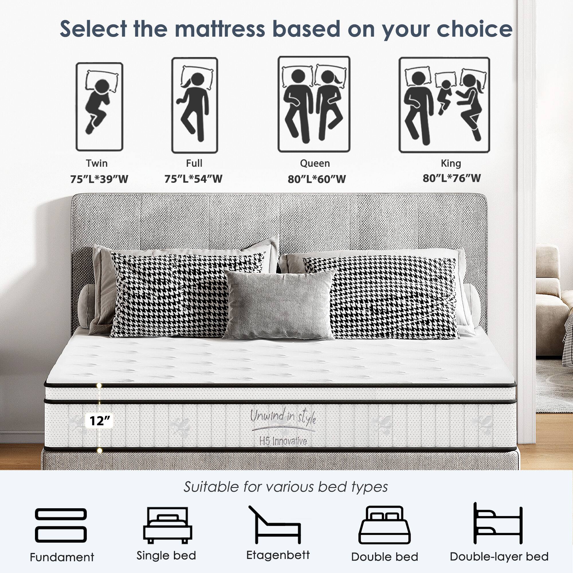 Select the mattress based on your choice

- Twin: 75"L*39"W
- Full: 75"L*54"W
- Queen: 80"L*60"W
- King: 80"L*76"W

12" Unwind in style H5 Innovative

Suitable for various bed types

- Fundament
- Single bed
- Etagenbett
- Double bed
- Double-layer bed