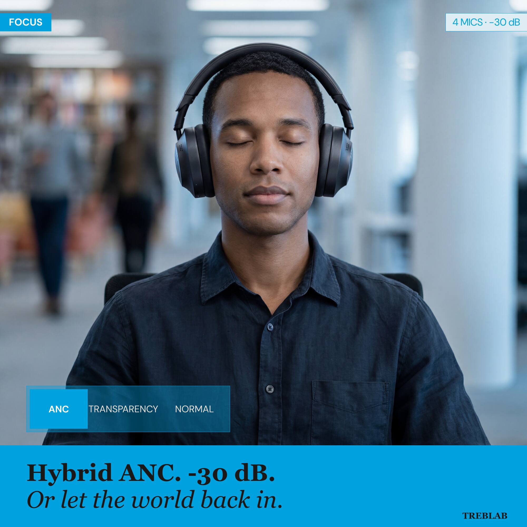 FOCUS

4 MICS - -30 dB

ANC TRANSPARENCY NORMAL

Hybrid ANC. -30 dB. Or let the world back in.

TREBLAB