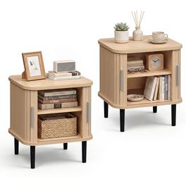 Costway - 2 PCS Fluted Nightstand with Sliding Doors, Adjustable Shelf for Living Room - Natural