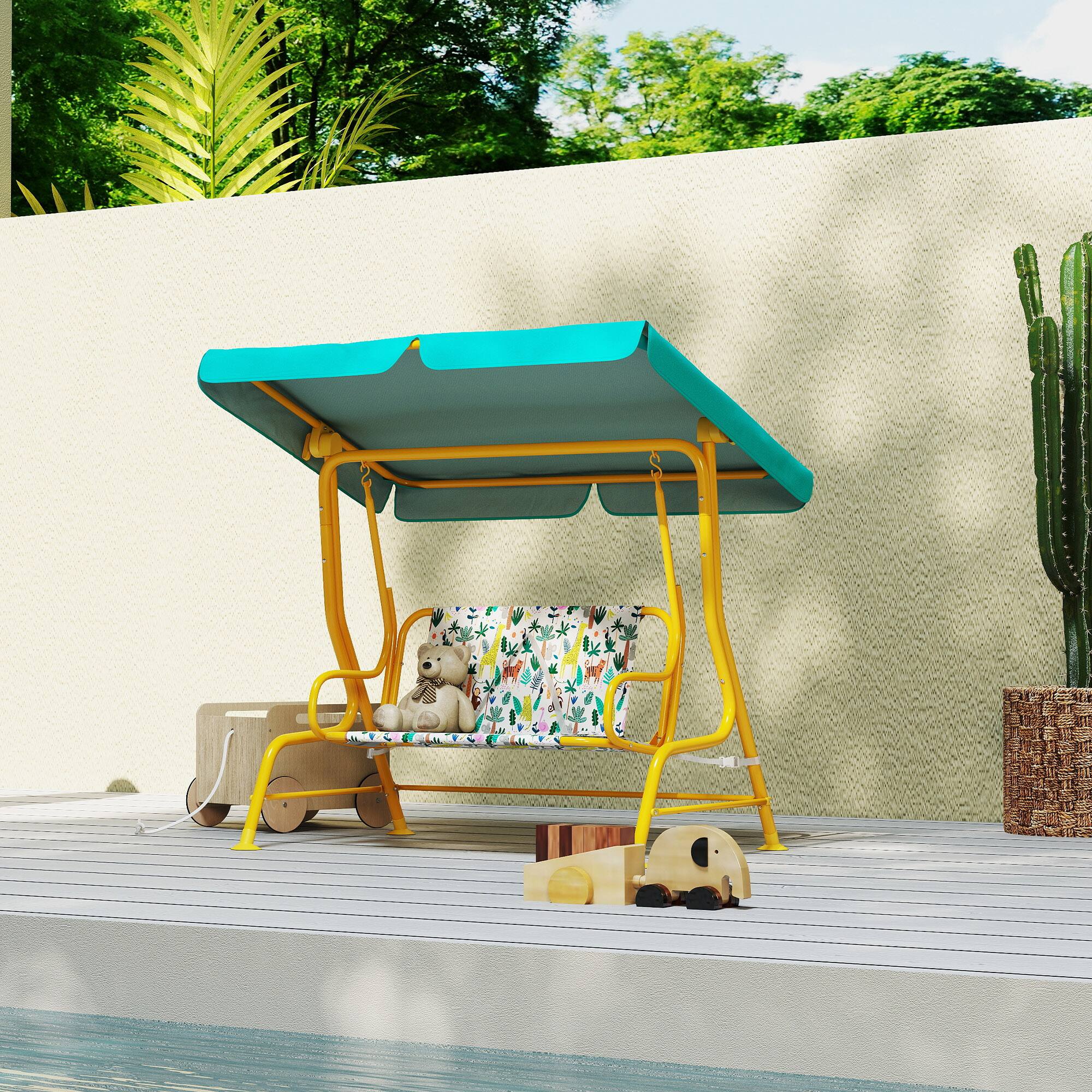 Alt View 1. Qaba - Kids Porch Swing, 2-Seater Patio Swing Bench with Safety Belts, Adjustable Canopy for Backyard - Green.