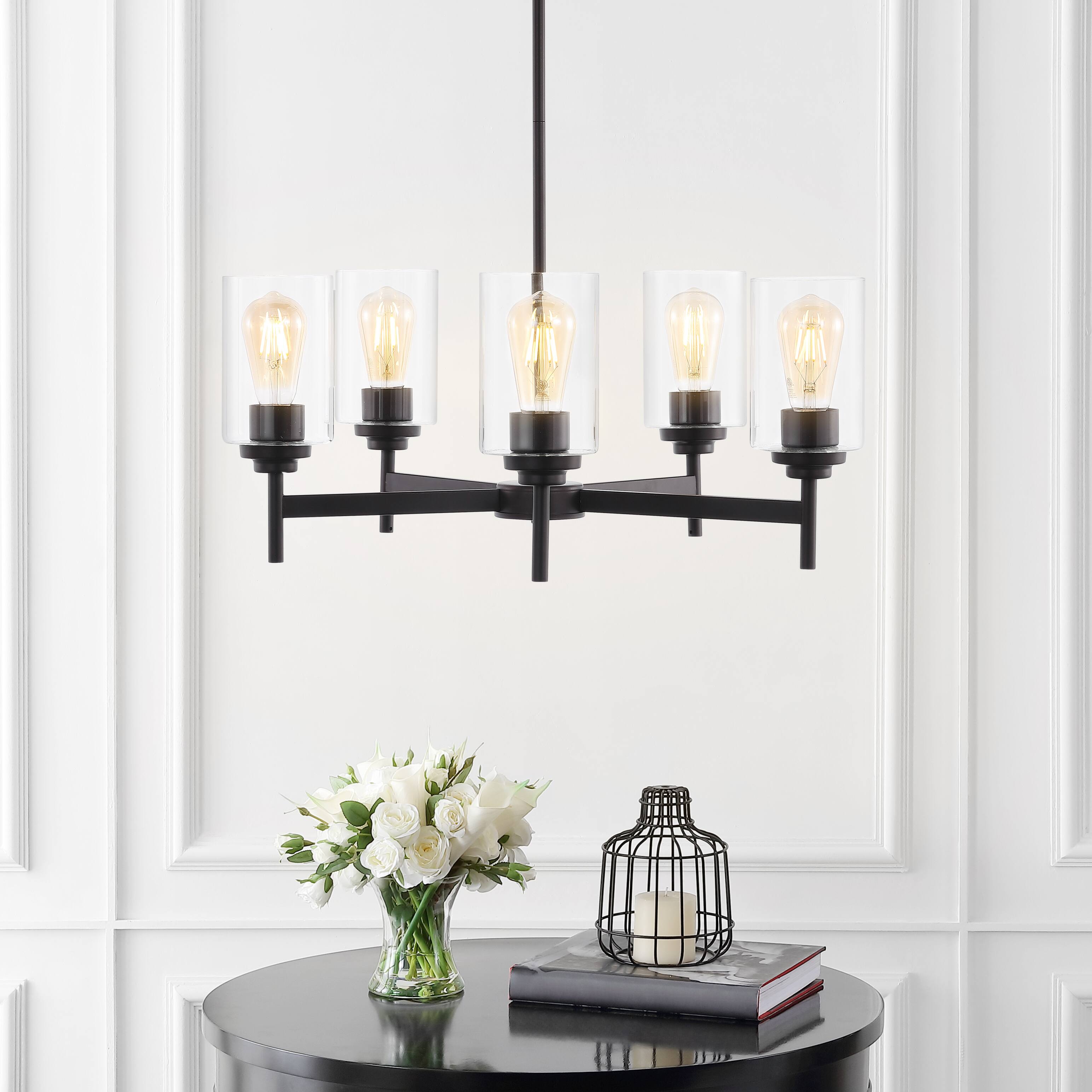 Alt View 7. Jonathan Y - Orpheus 24" 5-Light Farmhouse Industrial Iron Cylinder LED Chandelier, Oil Rubbed Bronze/Clear - Oil Rubbed Bronze.