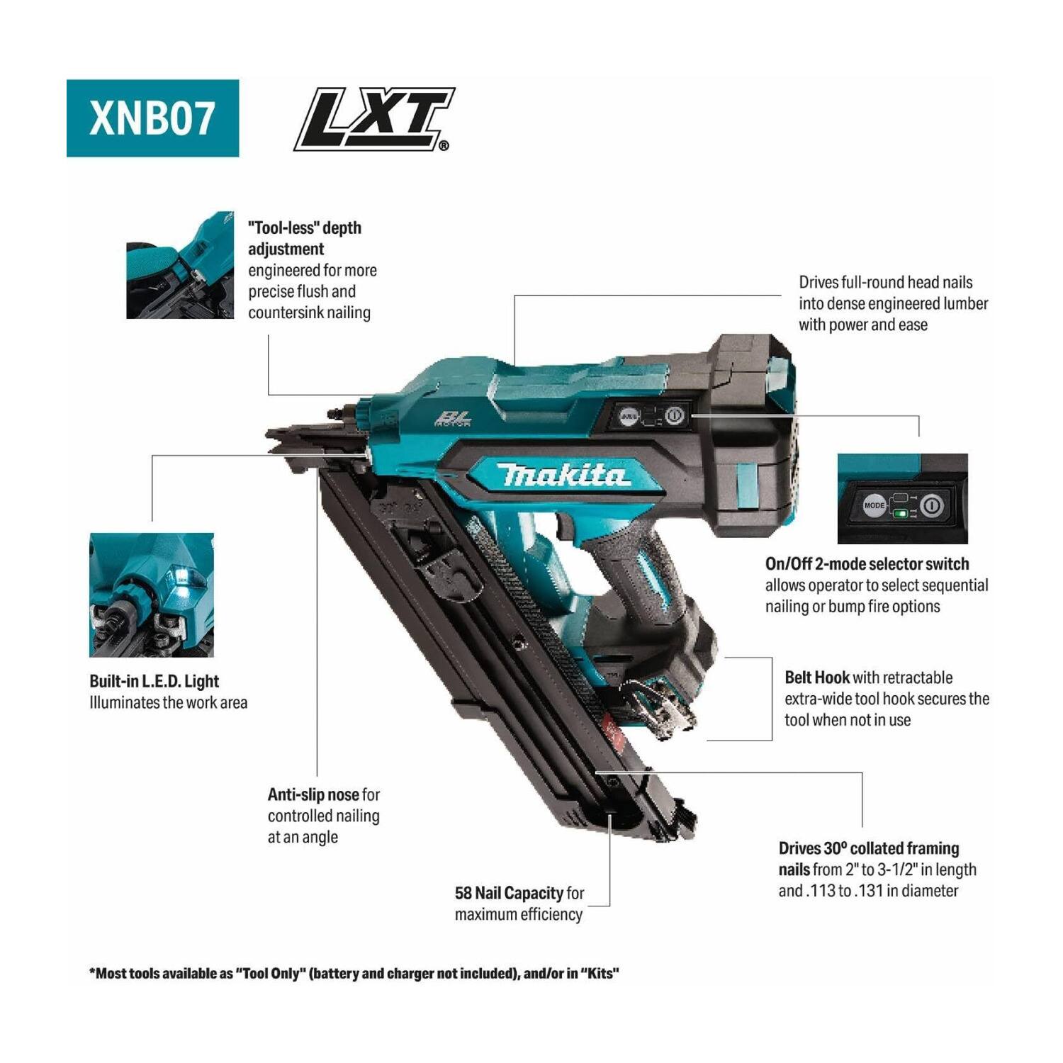 XNB07 LXT "Tool-less" depth adjustment engineered for more precise flush and countersink nailing. Drives full-round head nails into dense engineered lumber with power and ease. NEYR Makita HLE On/Off 2-mode selector switch allows operator to select sequential nailing or bump fire options. Built-in L.E.D. Light illuminates the work area. Belt Hook with retractable extra-wide tool hook secures the tool when not in use. Anti-slip nose for controlled nailing at an angle. 58 Nail Capacity for maximum efficiency. Drives 30° collated framing nails from 2" to 3-1/2" in length and 113 to 131 in diameter. *Most tools available as "Tool Only" (battery and charger not included), and/or in "Kits".