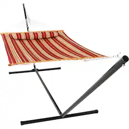 Sunnydaze - 2-Person Quilted Fabric Hammock with 15' Stand and Pillow - Red Stripe
