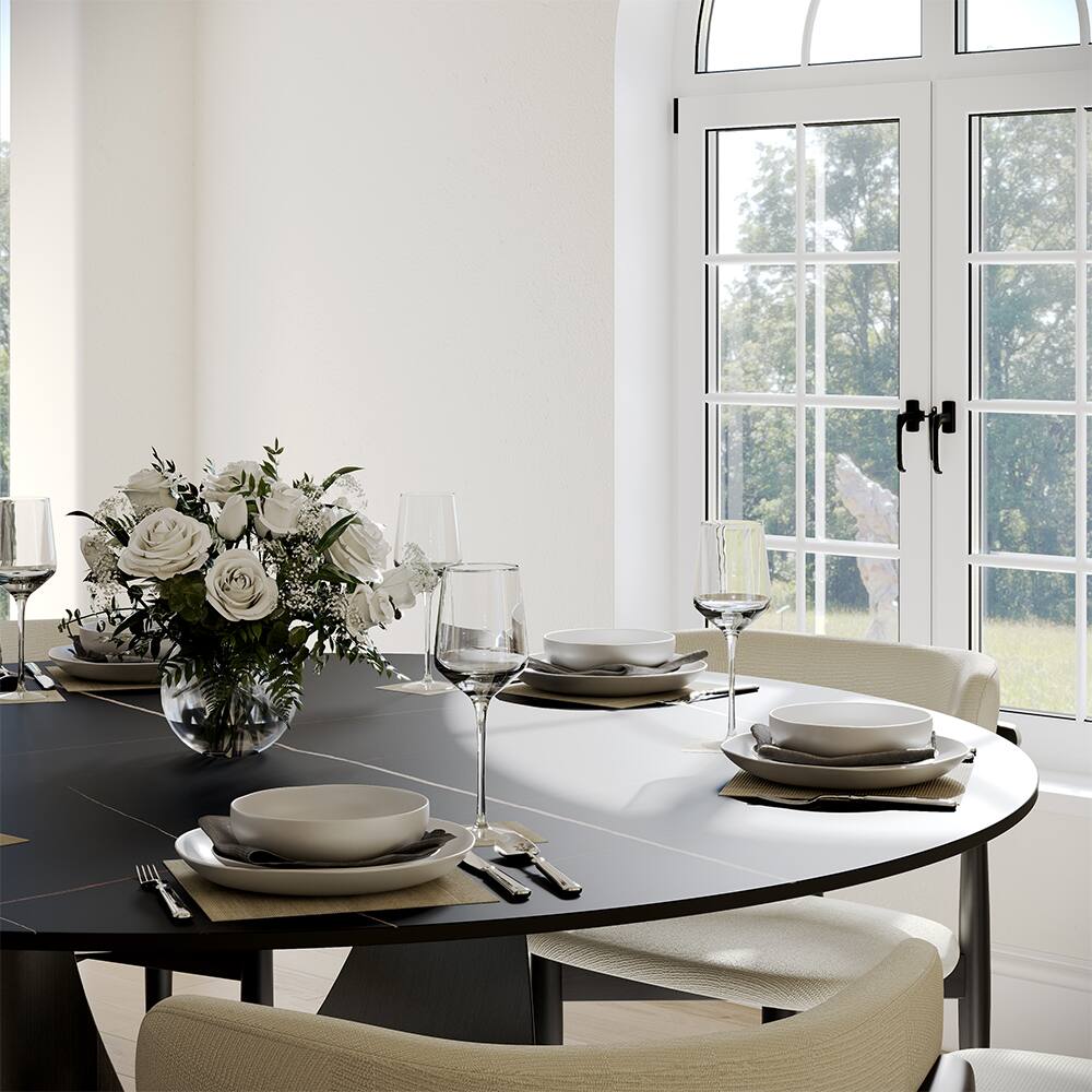 Back. POVISON - 51" Round Dining Table Black Matte Sintered Stone with U-shaped Gray Steel Base - Black Matte Sintered Stone with Gray Steel Base.