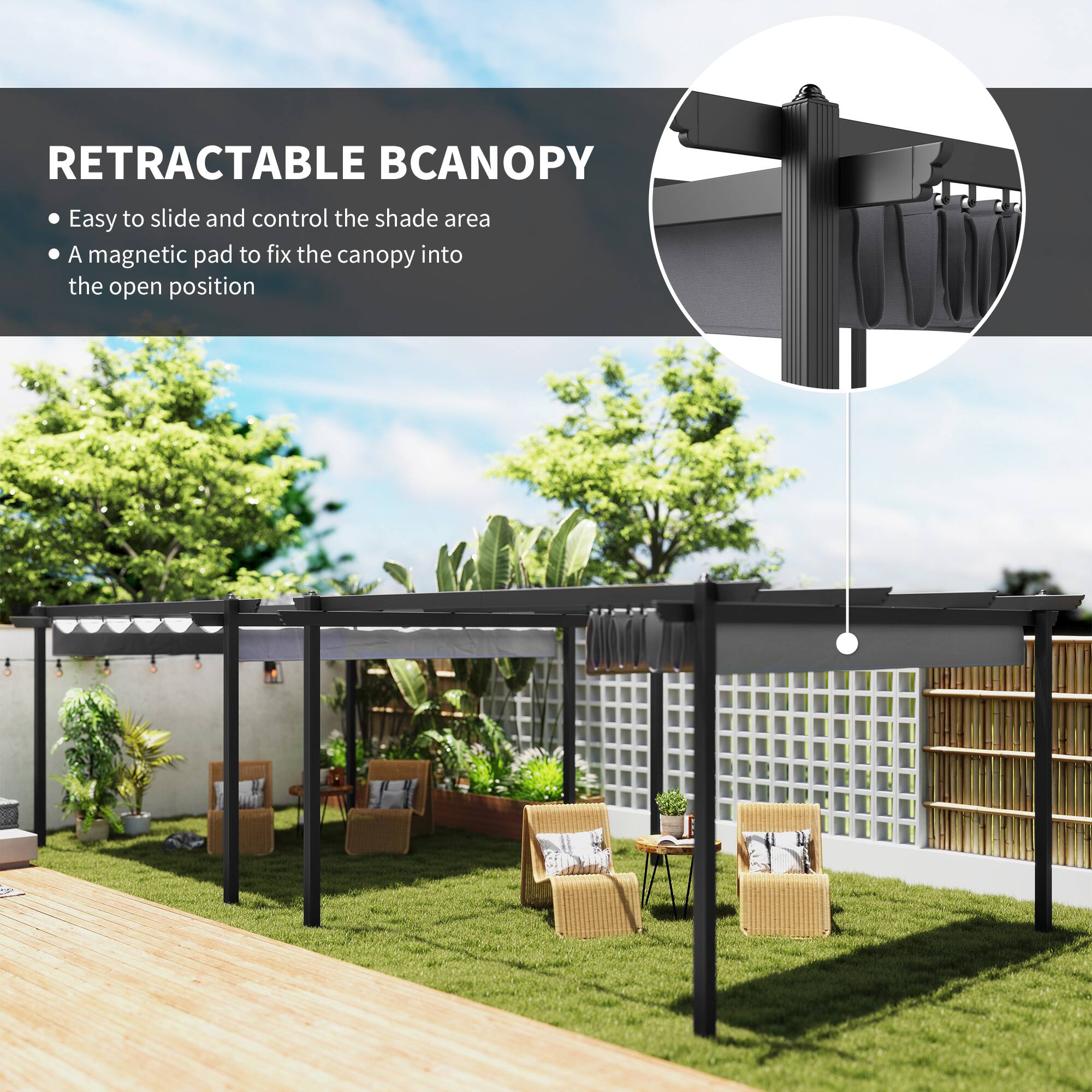 RETRACTABLE BCANOPY

Easy to slide and control the shade area

A magnetic pad to fix the canopy into the open position