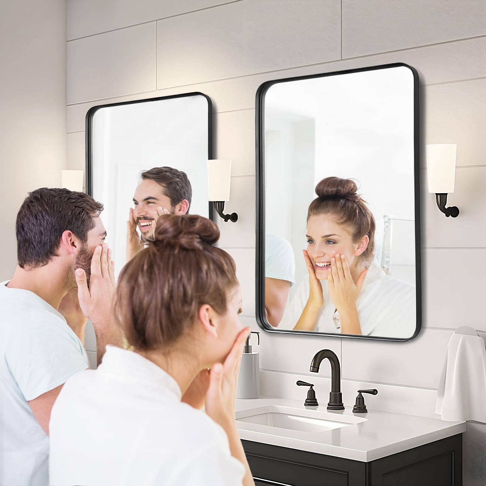 Left. Cedar Assembly - Bathroom Mirrors Over Sink - Matte Framed Wall Mounted Rectangle Vanity Mirror Metal Frame For Double Far... - Black-24"L x 24"W.