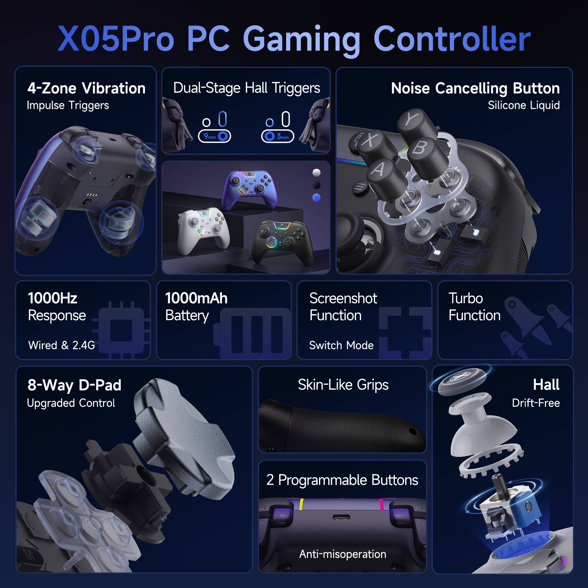 X05Pro PC Gaming Controller

- 4-Zone Vibration
- Dual-Stage Hall Triggers
- Noise Cancelling Button (Silicone Liquid)
- 1000Hz Response
- 1000mAh Battery
- 8-Way D-Pad (Upgraded Control)
- Skin-Like Grips
- Hall (Drift-Free)
- 2 Programmable Buttons (Anti-misoperation)
- Screenshot Function
- Turbo Function
- Wired & 2.4G Switch Mode