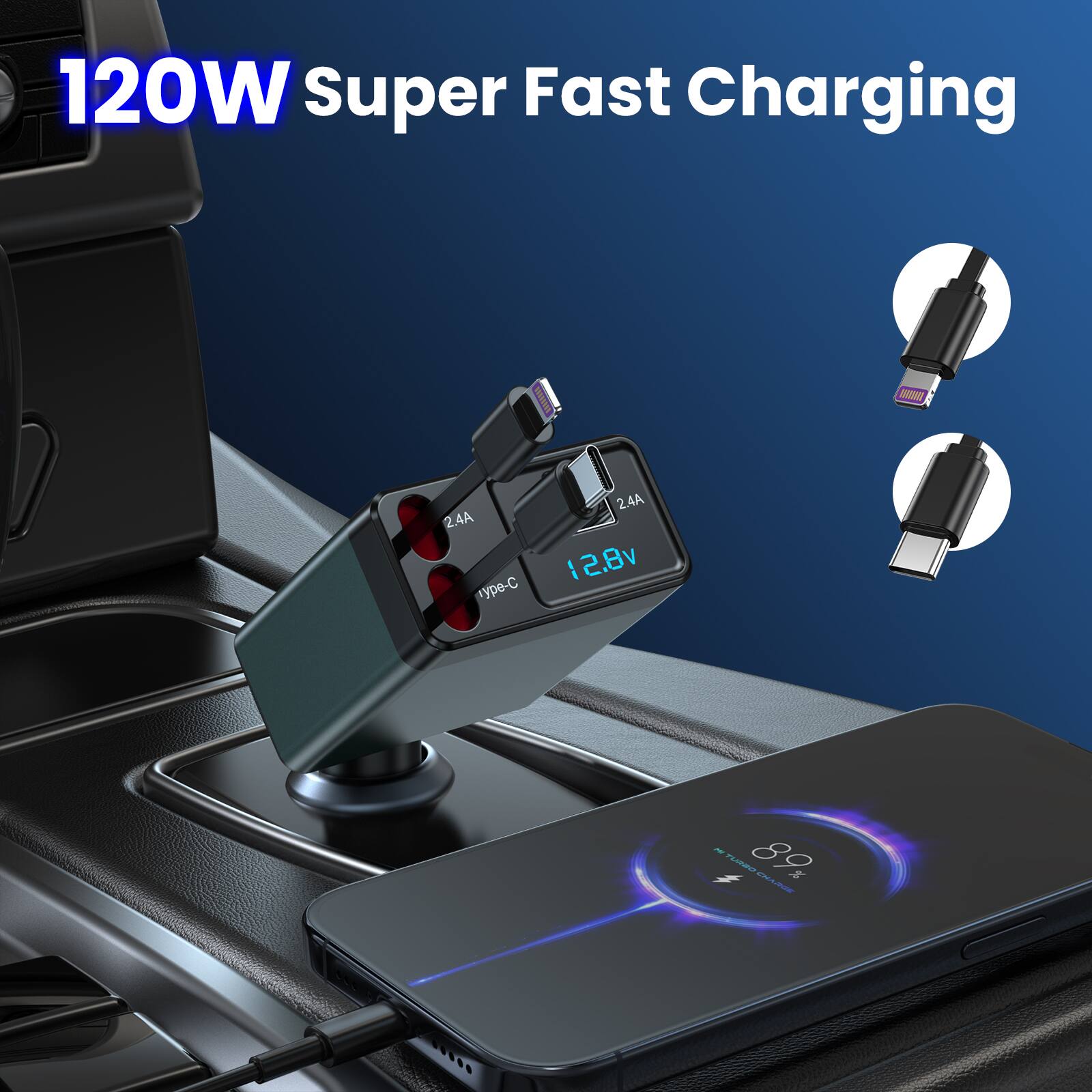 120W Super Fast Charging

2.4A - 2.4A

12.8V

Type-C