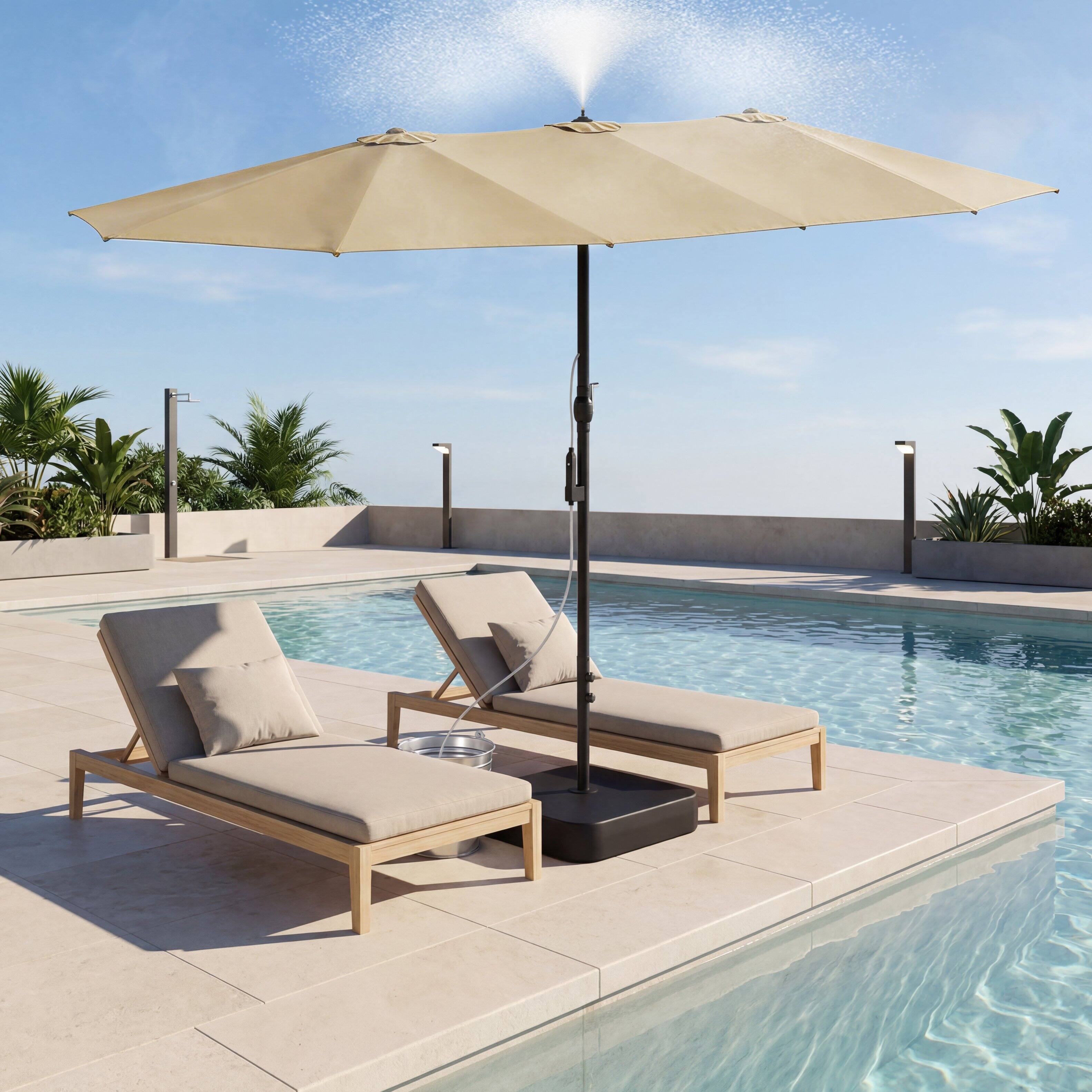 Back. Famapy - 11ft Double-Top Patio Misting Umbrella - Spray Cooling System & Reinforced Frame for Pool, Garden - Sand.