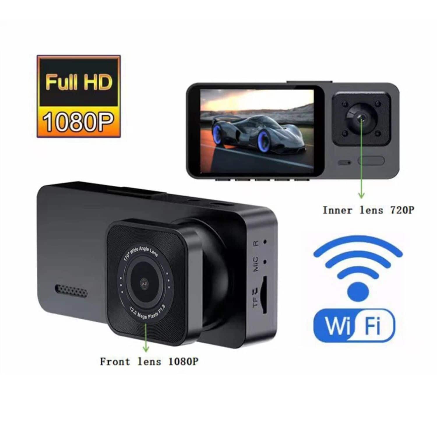 Stock Preferred - HD Dual Lens 1080P Car Dash Cam — Front, Rear & Inside Camera with G-Sensor and Night Vision