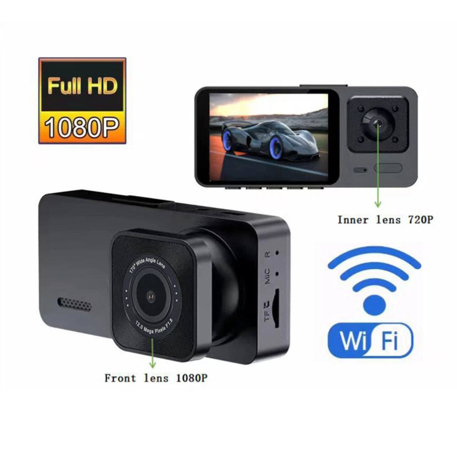 Full HD 1080P  
Inner lens 720P  
Wide Angle 170°  
12.0 Mega Pixels F1.8  
TF Card Slot  
Wi-Fi  
Front lens 1080P