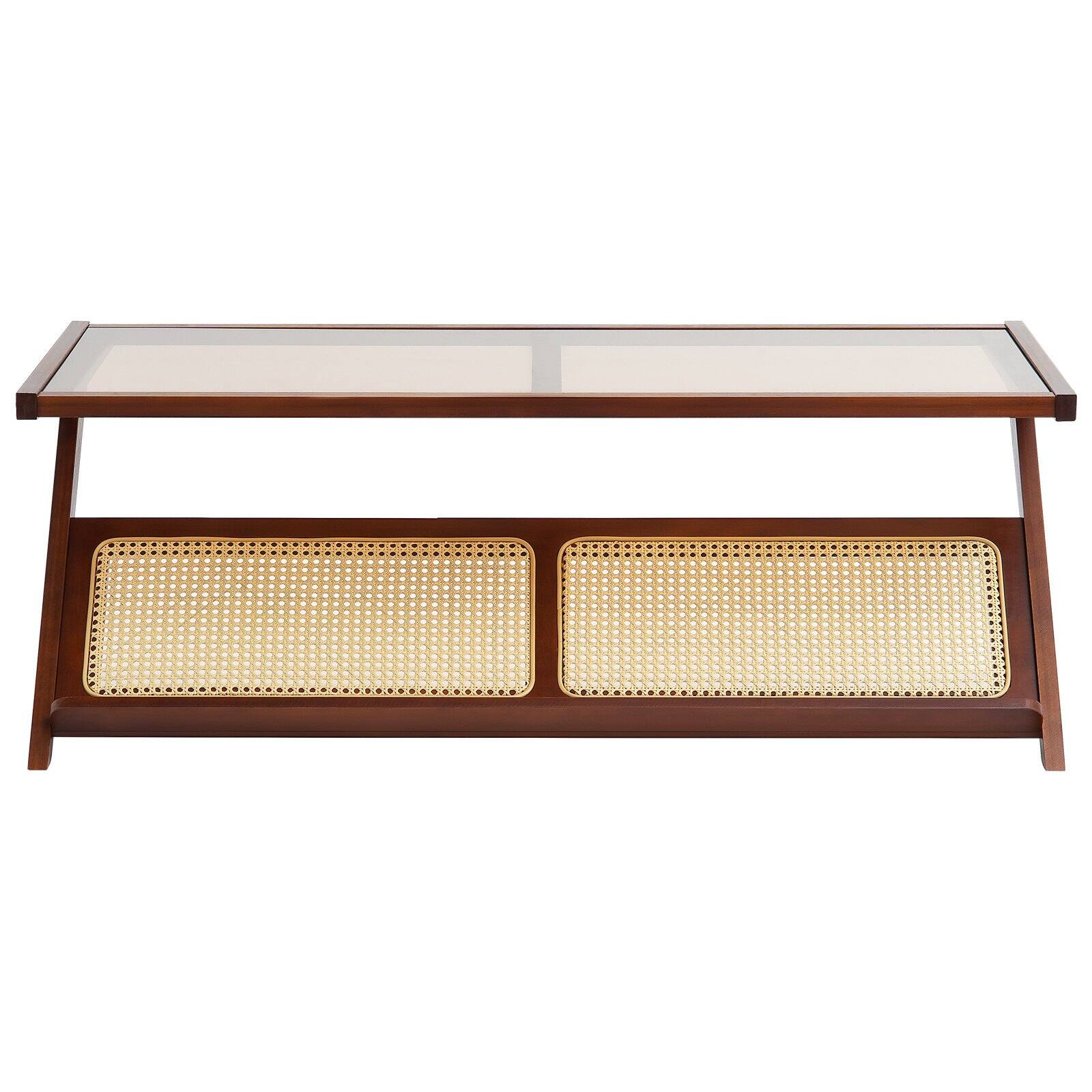 Alt View 9. Glintex - Rattan Coffee Table, Z-Shaped Bamboo Woven Center Table with Tempered Glass Top and Storage for Living Room - Walnut.