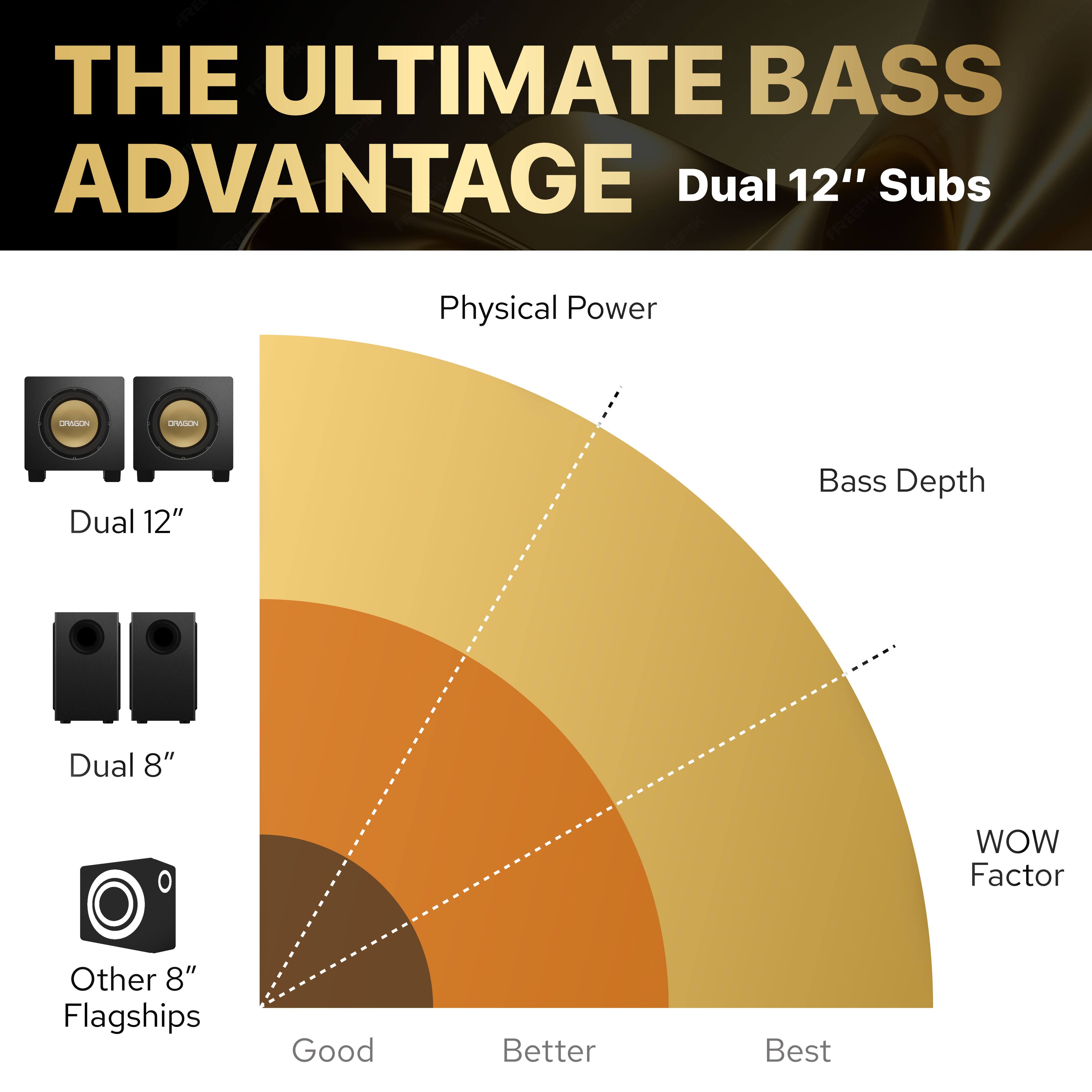 THE ULTIMATE BASS ADVANTAGE  
Dual 12" Subs  

Physical Power  
Bass Depth  
WOW Factor  

Dual 12"  
Dual 8"  
Other 8" Flagships  

Good  
Better  
Best