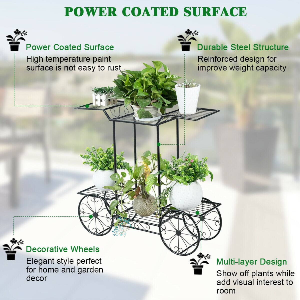 **POWER COATED SURFACE**

- **Power Coated Surface**
  - High temperature paint surface is not easy to rust

- **Durable Steel Structure**
  - Reinforced design for improve weight capacity

- **Decorative Wheels**
  - Elegant style perfect for home and garden decor

- **Multi-layer Design**
  - Show off plants while add visual interest to room