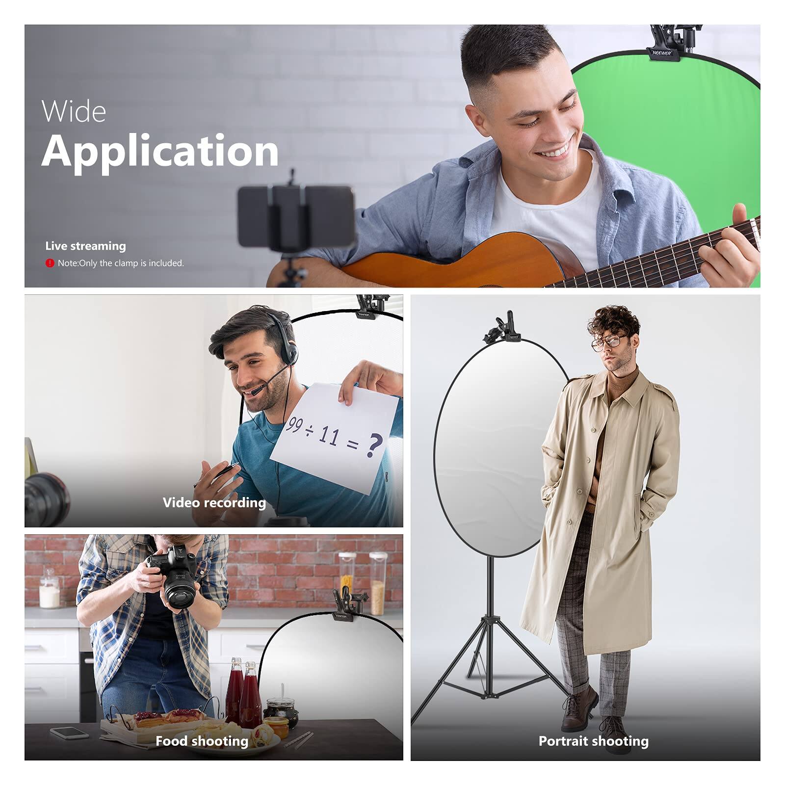 Wide Application

Live streaming
Note: Only the clamp is included.

Video recording

Food shooting

Portrait shooting