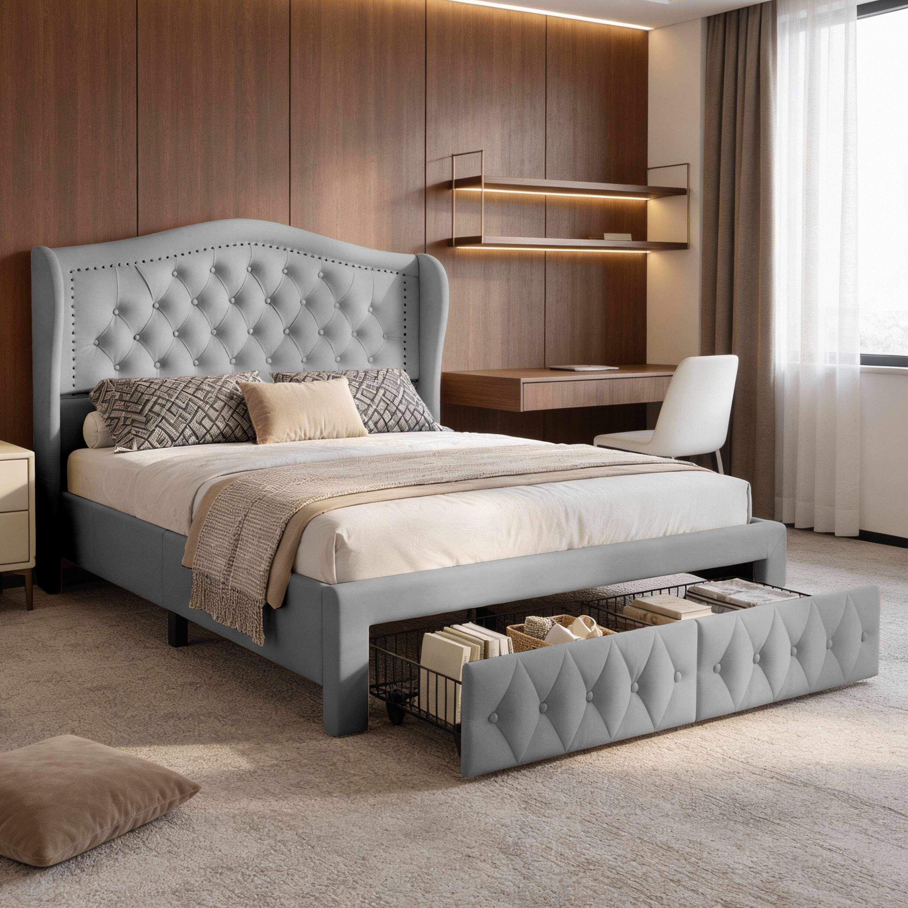 Back. Vipbear - Queen Upholstered Platform Bed Frame with 2 Storage Drawers & 52.6" Tall Headboard, No Box Spring Needed - gray.