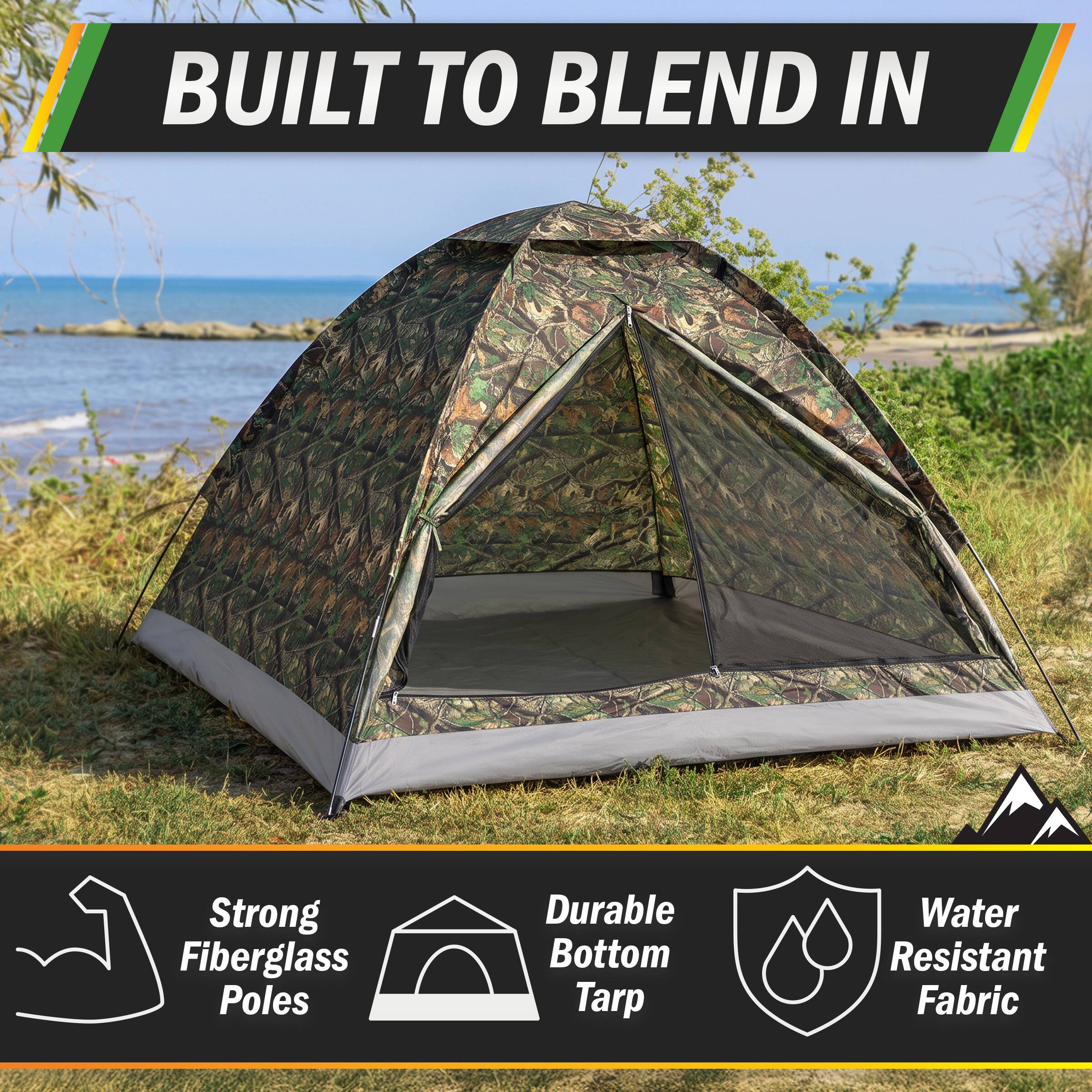 BUILT TO BLEND IN

- Strong Fiberglass Poles
- Durable Bottom Tarp
- Water Resistant Fabric