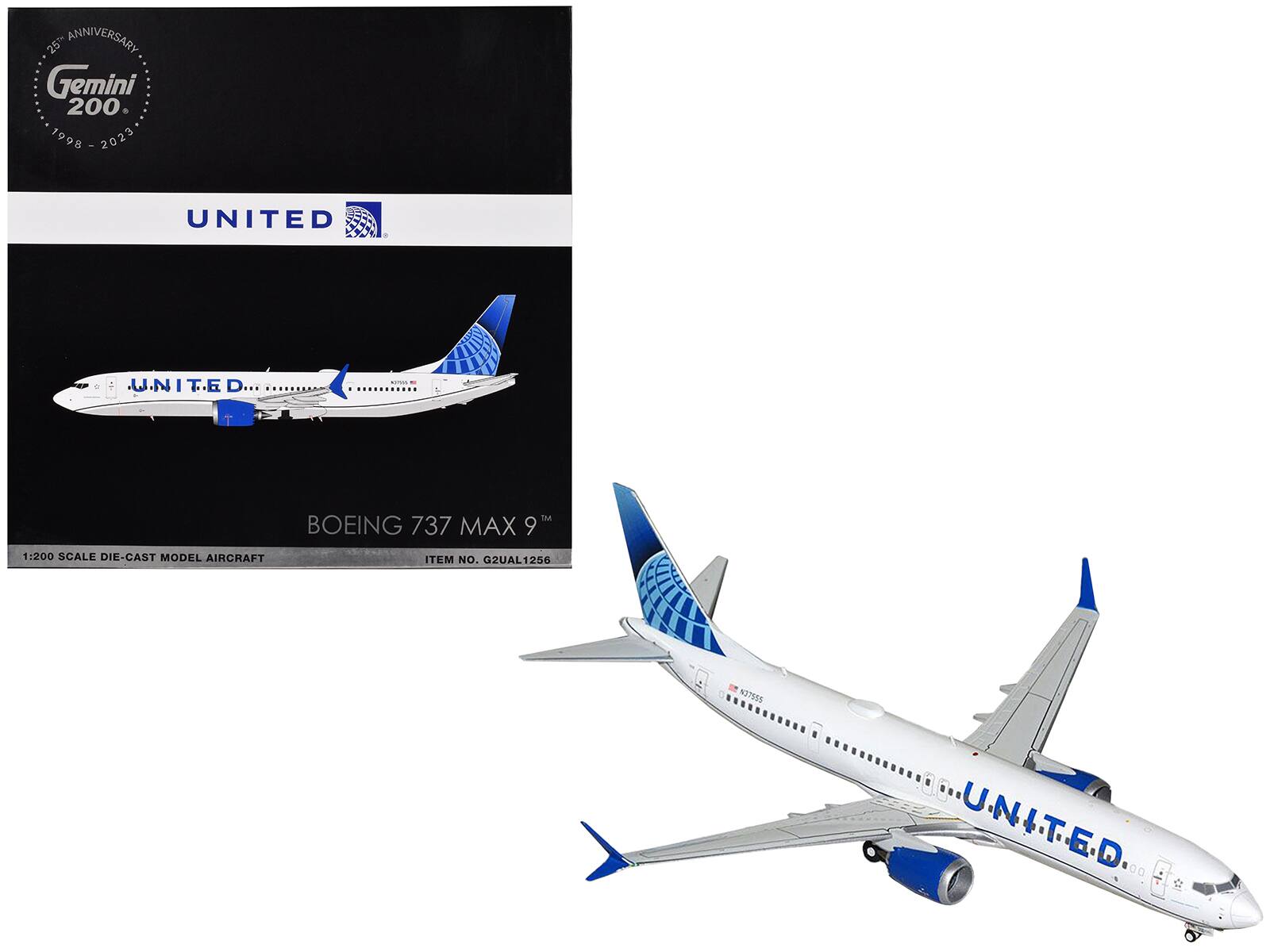 25th Anniversary  
Gemini 200  
1998 - 2023  

UNITED  

BOEING 737 MAX 9  
1:200 Scale Die-Cast Model Aircraft  
Item No. G2UAL1256  

37 MAX 9™