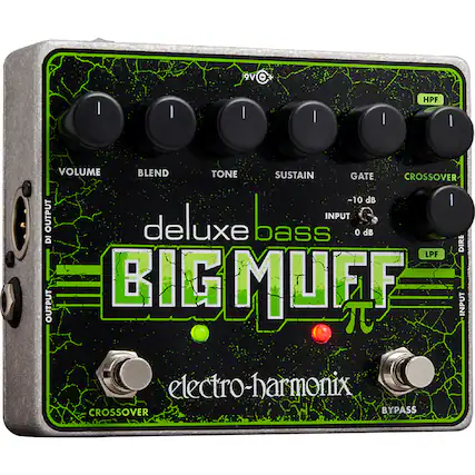 9V
deluxe bass
BIG MUFF
electro-harmonix
VOLUME
BLEND
TONE
SUSTAIN
GATE
CROSSOVER
HPF
LPF
INPUT
-10 dB
0 dB
CROSSOVER
BYPASS
INPUT
OUTPUT
OUTPUT
CROSSOVER