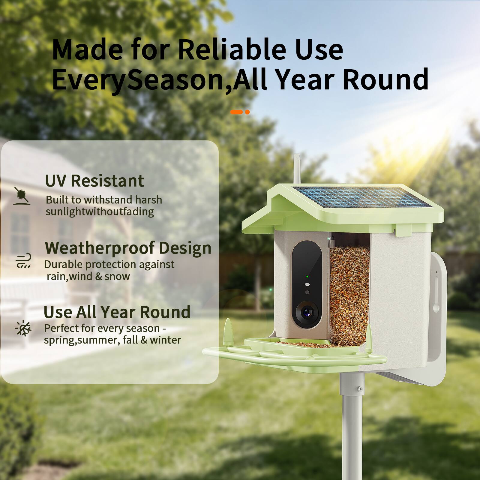 Made for Reliable Use Every Season, All Year Round

- UV Resistant
  - Built to withstand harsh sunlight without fading

- Weatherproof Design
  - Durable protection against rain, wind & snow

- Use All Year Round
  - Perfect for every season - spring, summer, fall & winter