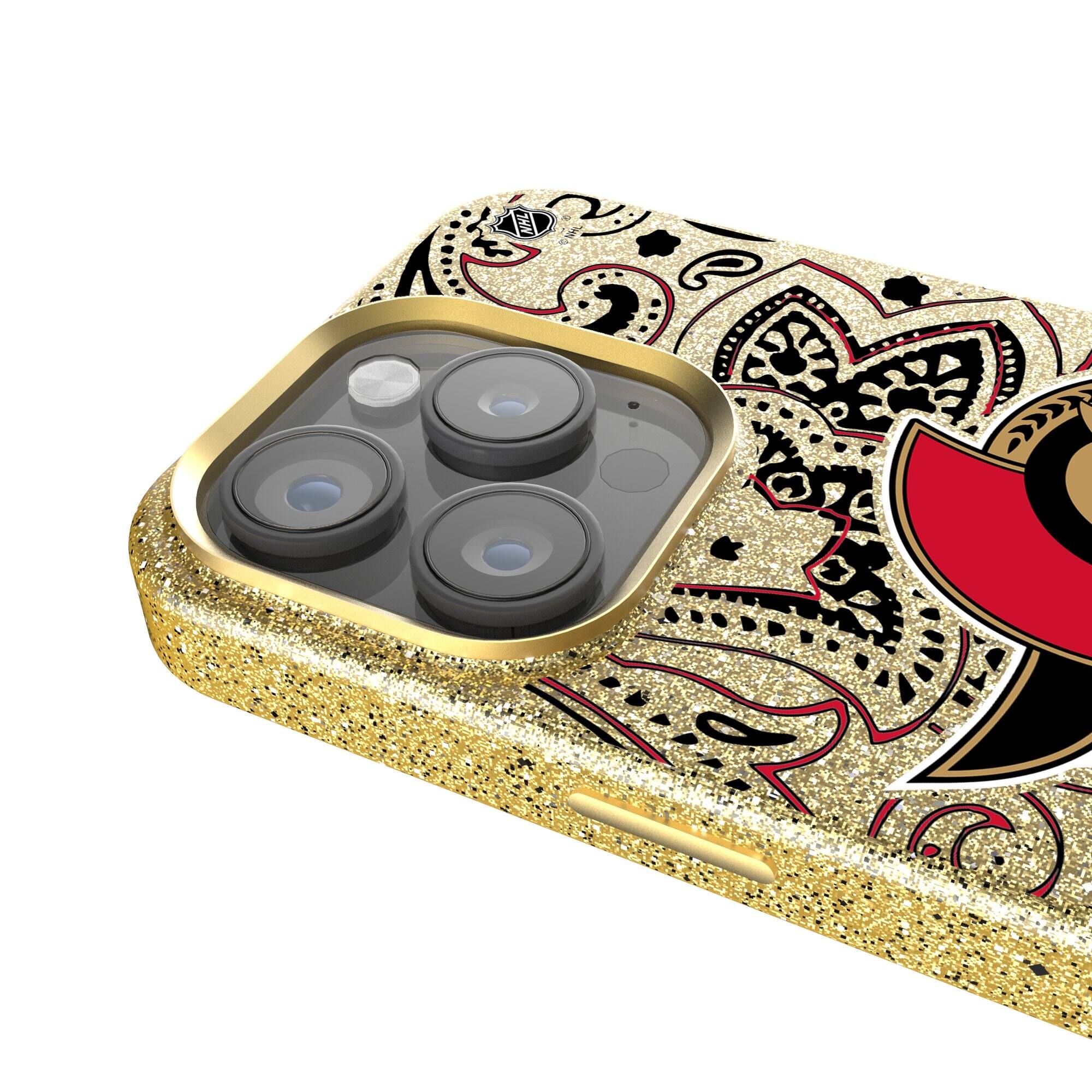 Alt View 3. Keyscaper - Gold Ottawa Senators Paisley Bling iPhone Case - 15 Plus - Gold.