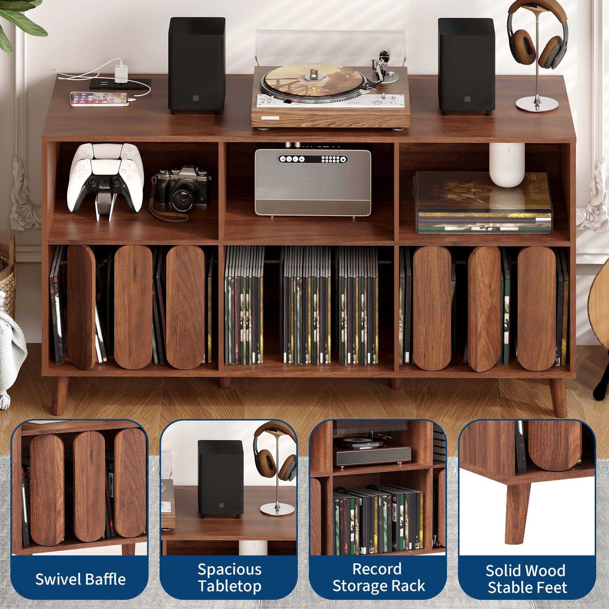- Swivel Baffle
- Spacious Tabletop
- Record Storage Rack
- Solid Wood Stable Feet