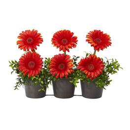 BreeBe - 14" Gerber Daisy Artificial Arrangement in Trio Metal Vase - Red