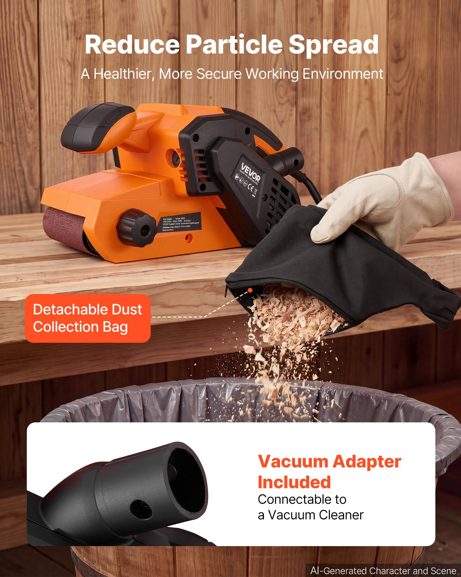 Reduce Particle Spread  
A Healthier, More Secure Working Environment  

VEVOR BROCER  

Detachable Dust Collection Bag  
Vacuum Adapter Included  
Connectable to a Vacuum Cleaner  

AI-Generated Character and Scene