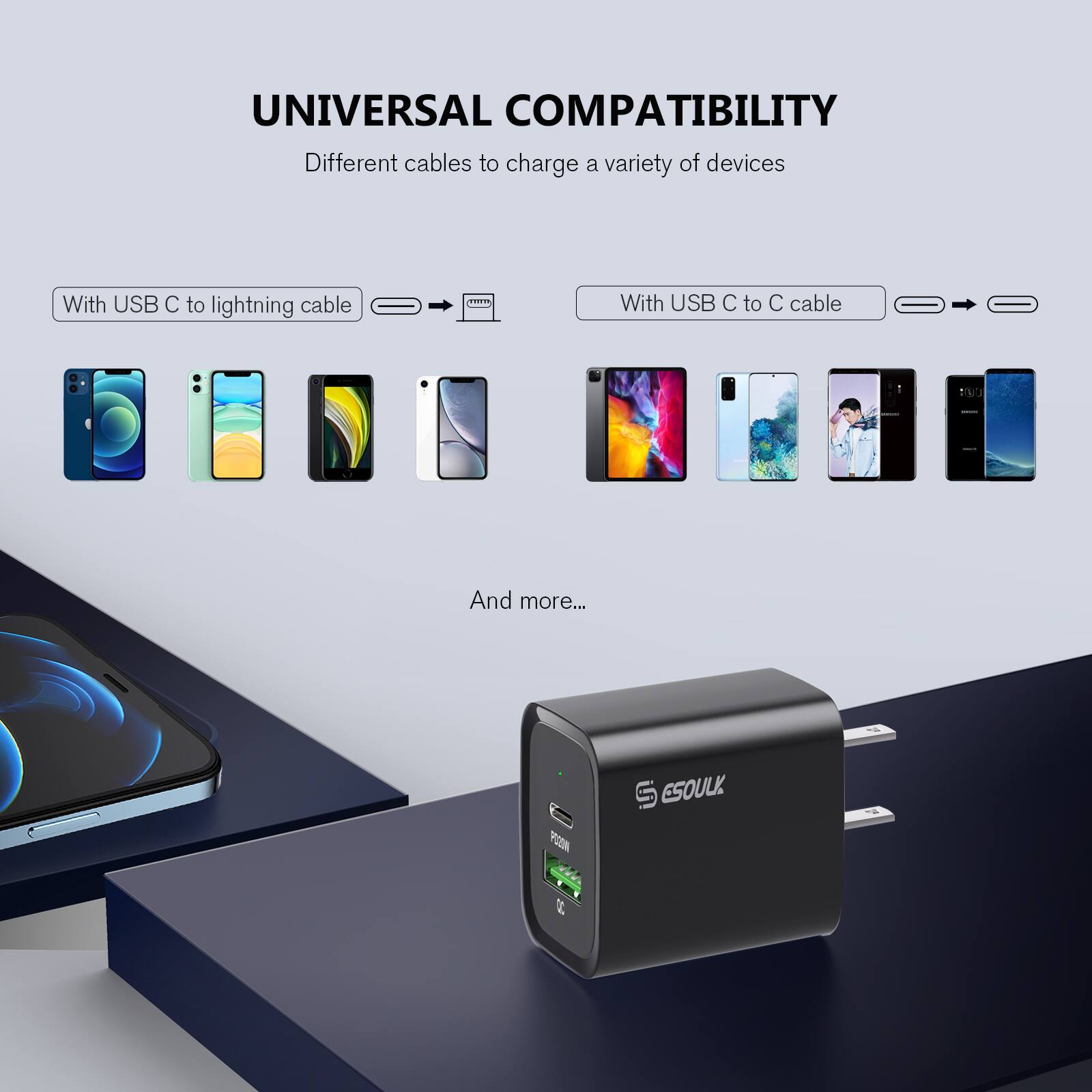 UNIVERSAL COMPATIBILITY  
Different cables to charge a variety of devices  

With USB C to lightning cable  
With USB C to C cable  

And more...  

GSOULK