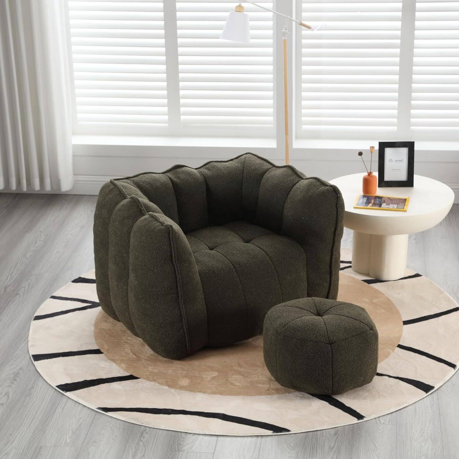 Alt View 5. Trinkets Crazed - Chenille Giant Bean Bag Sleeper Chair with Ottoman, Adults and Kids Lazy Floor Sofa Couch - olive green.