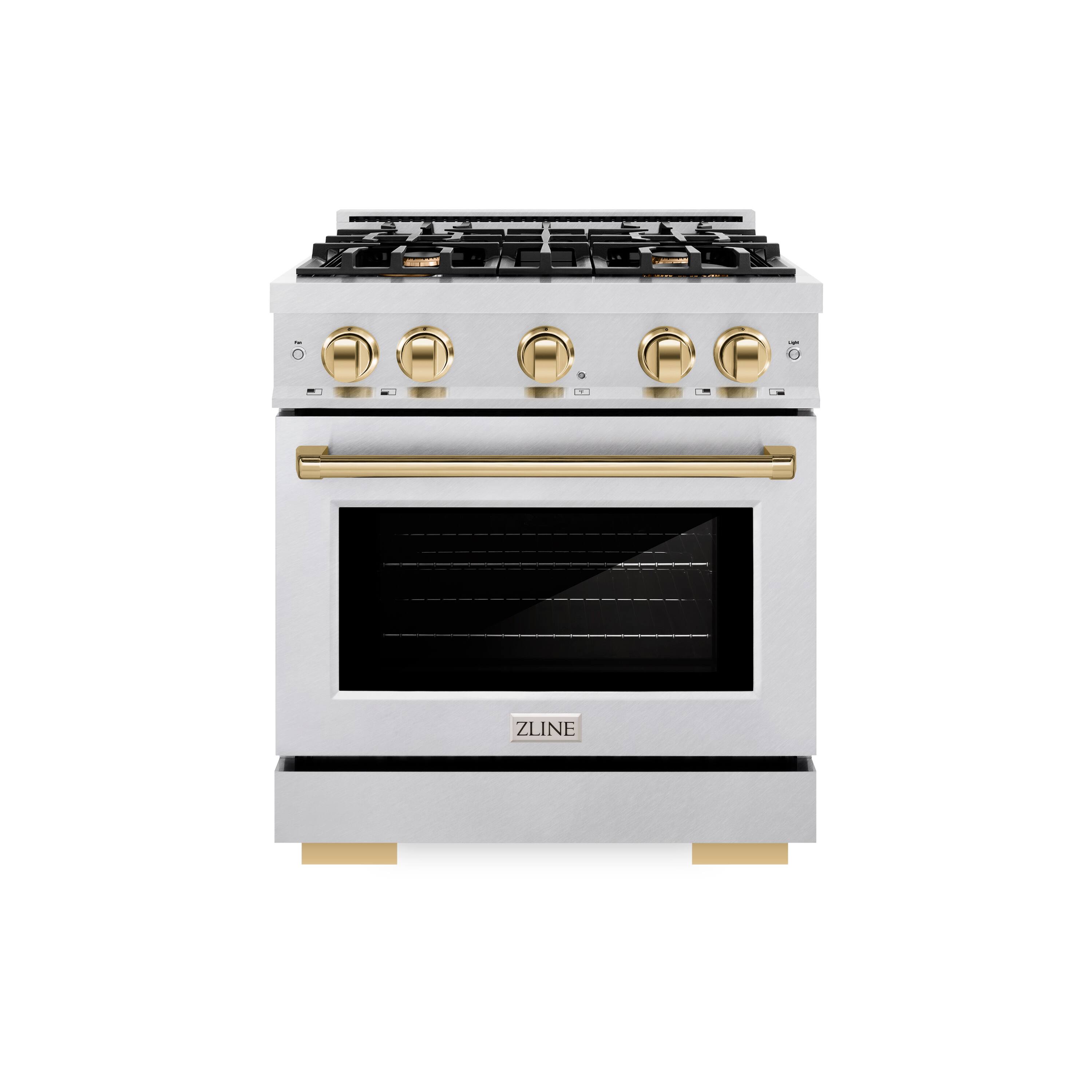 Angle. ZLINE - ZLINE Autograph 30 in. 4.2 cu. ft. Freestanding Select Satin Steel Gas Range w/ 4 Burners & Gold Accents - Satin Stainless Steel.