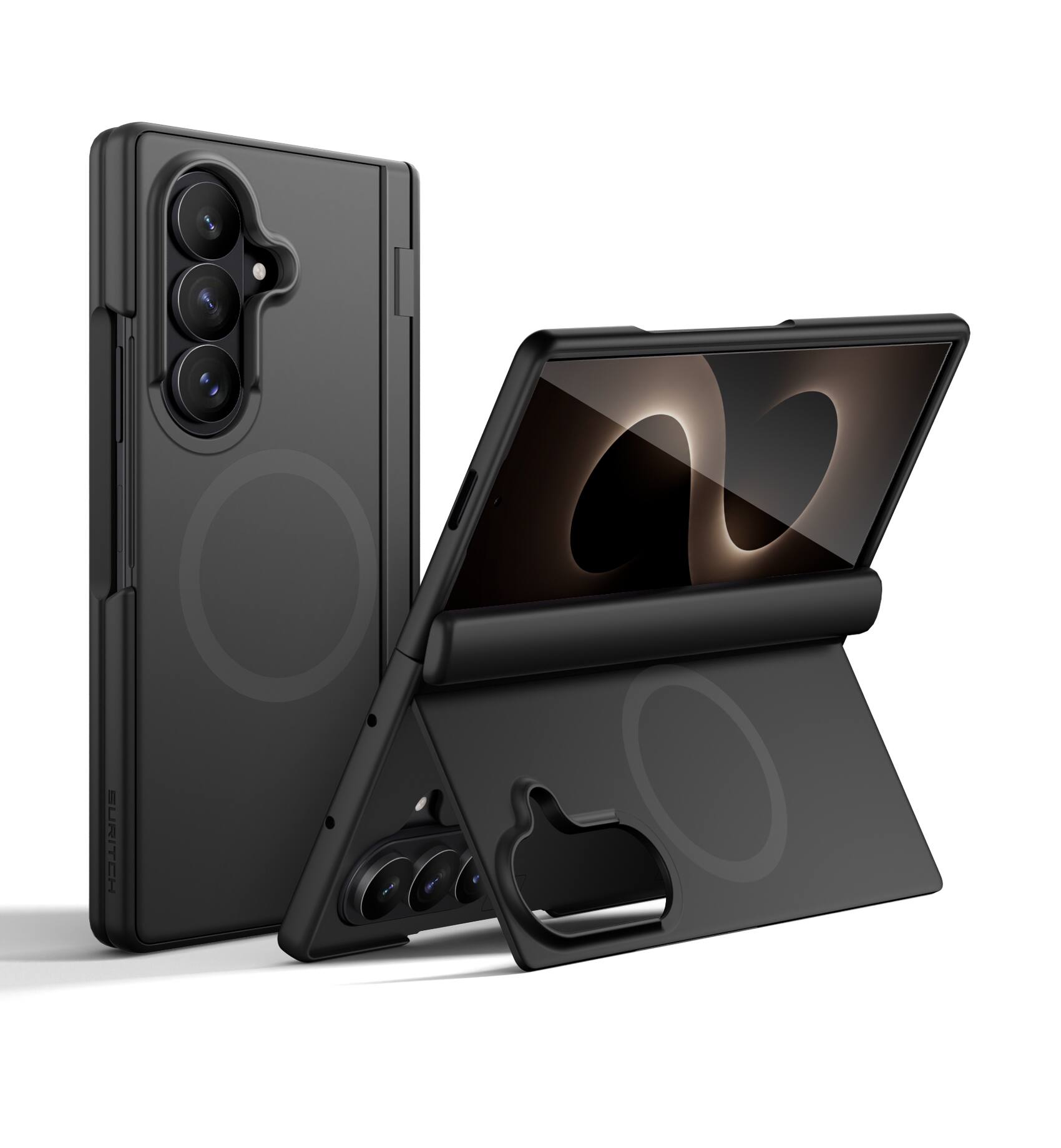 Angle. SURITCH - Magnet Case for Samsung Galaxy Z Fold 8 Ultra, Compatible with MagSafe, with Screen Protector Hinge Protection Kickstand - Aurora Black.
