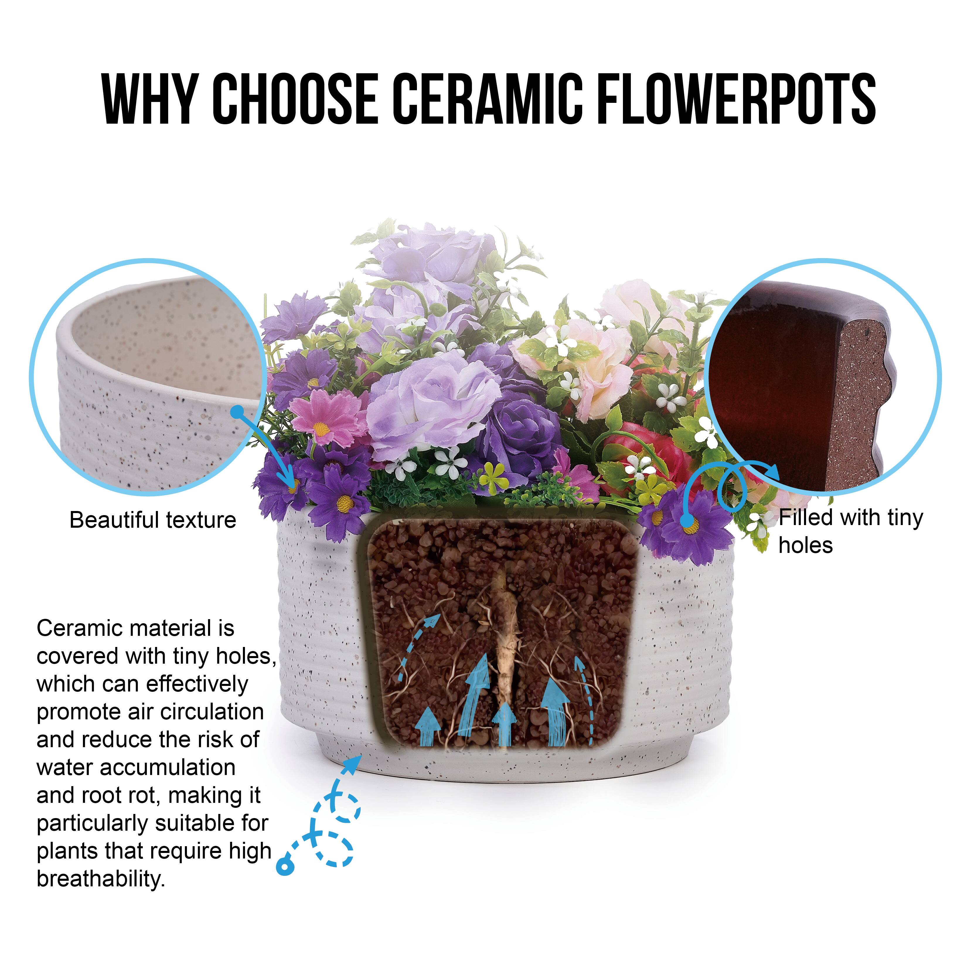 WHY CHOOSE CERAMIC FLOWER POTS

Beautiful texture

Ceramic material is covered with tiny holes, which can effectively promote air circulation and reduce the risk of water accumulation and root rot, making it particularly suitable for plants that require high breathability.

Filled with tiny holes