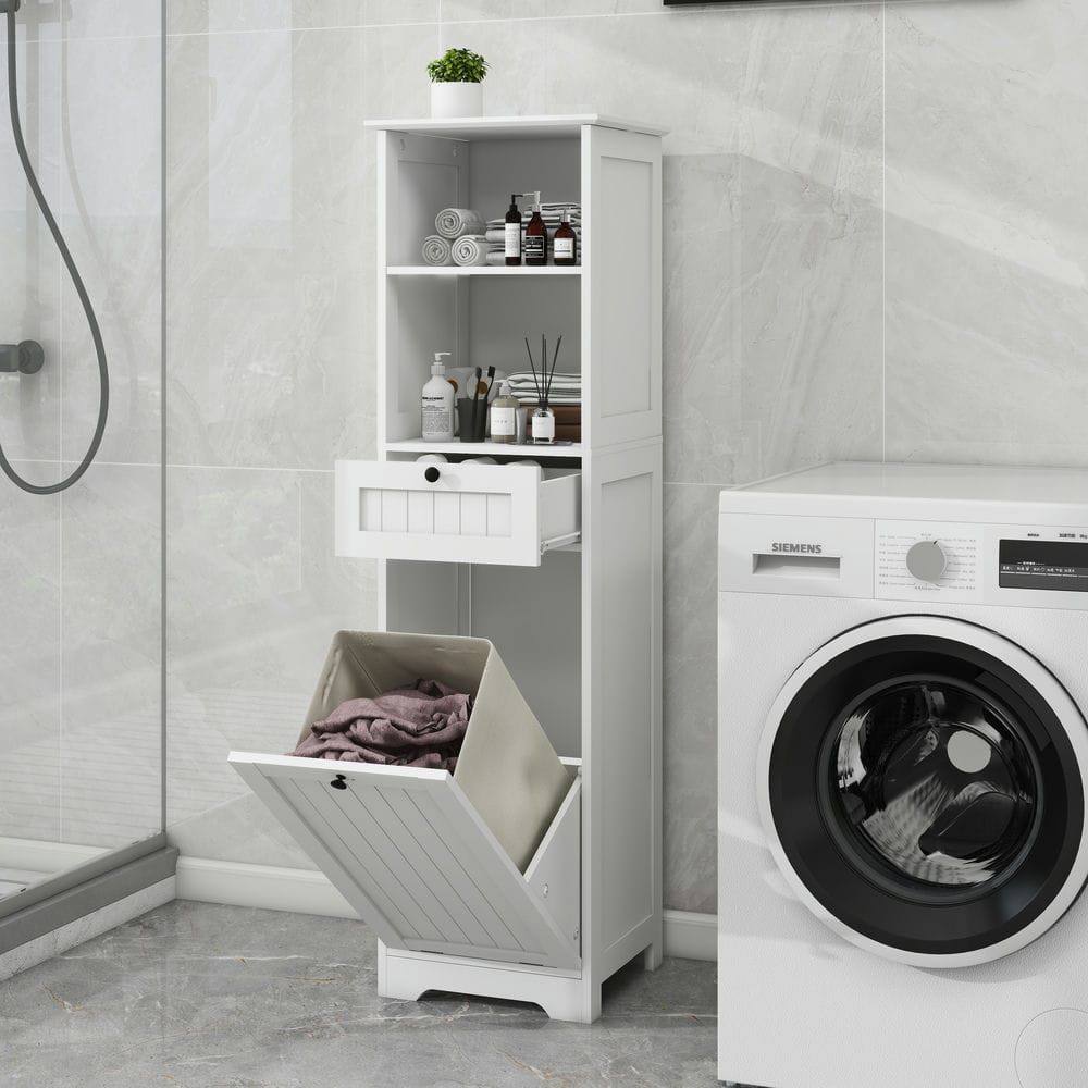Angle. Kadyn - Single-compartment, single-drawer tilting laundry organizer, White - White.