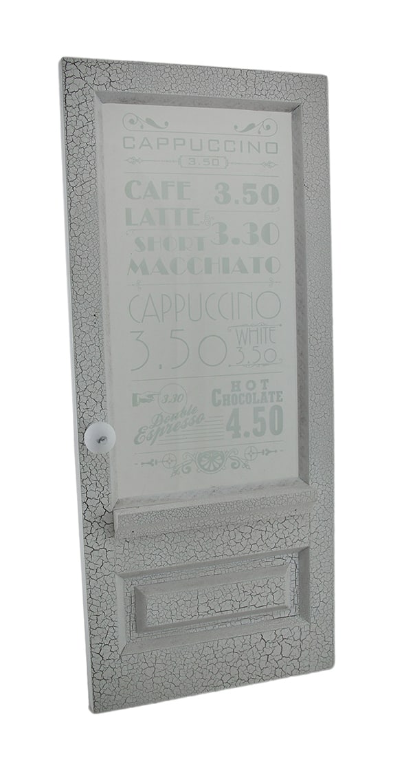 Zeckos - Crackled Coffee Shop Door Wood & Clear Glass Wall Hanging - White