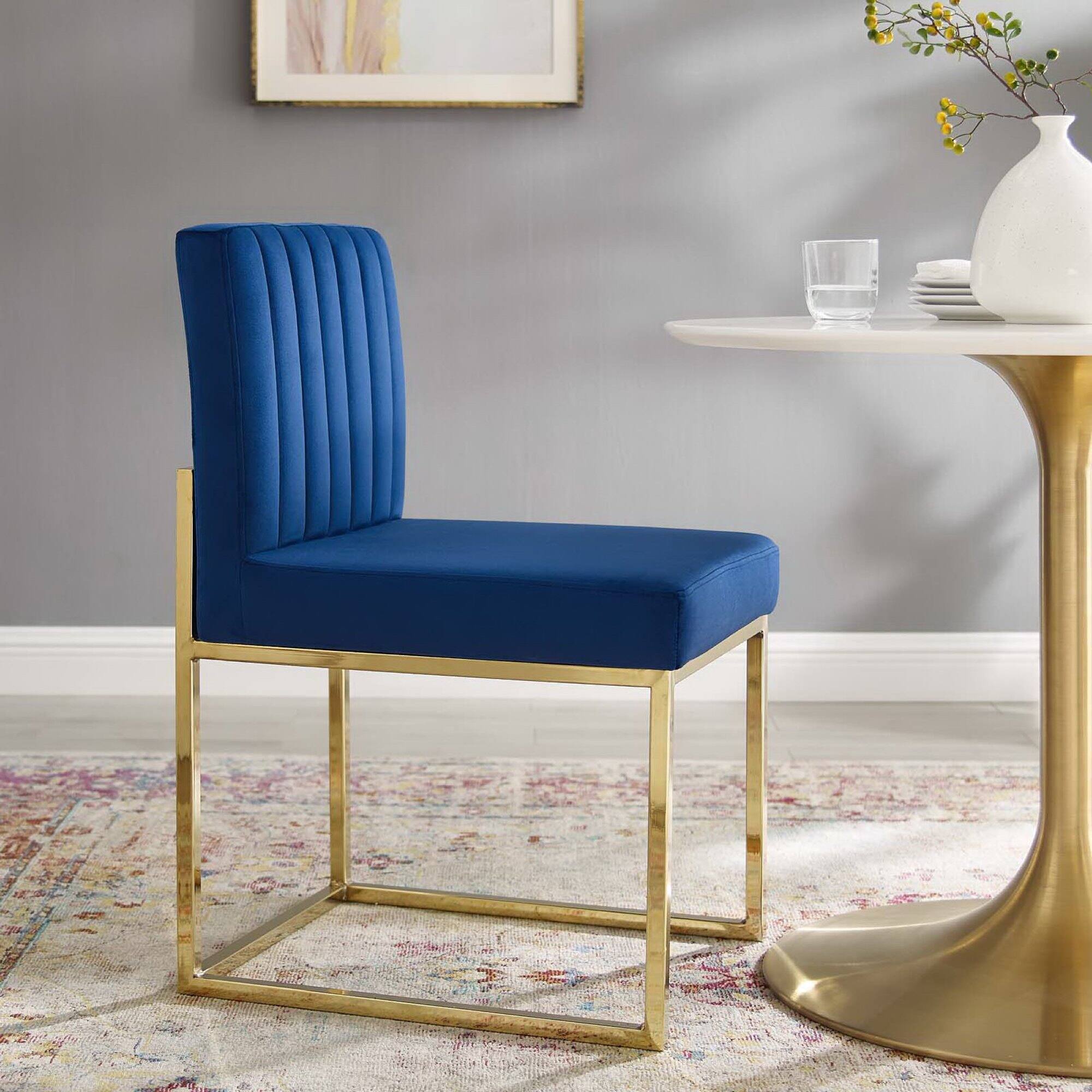Front. Modway - Carriage Channel Tufted Sled Base Performance Velvet Dining Chair by Modway - Gold Navy.