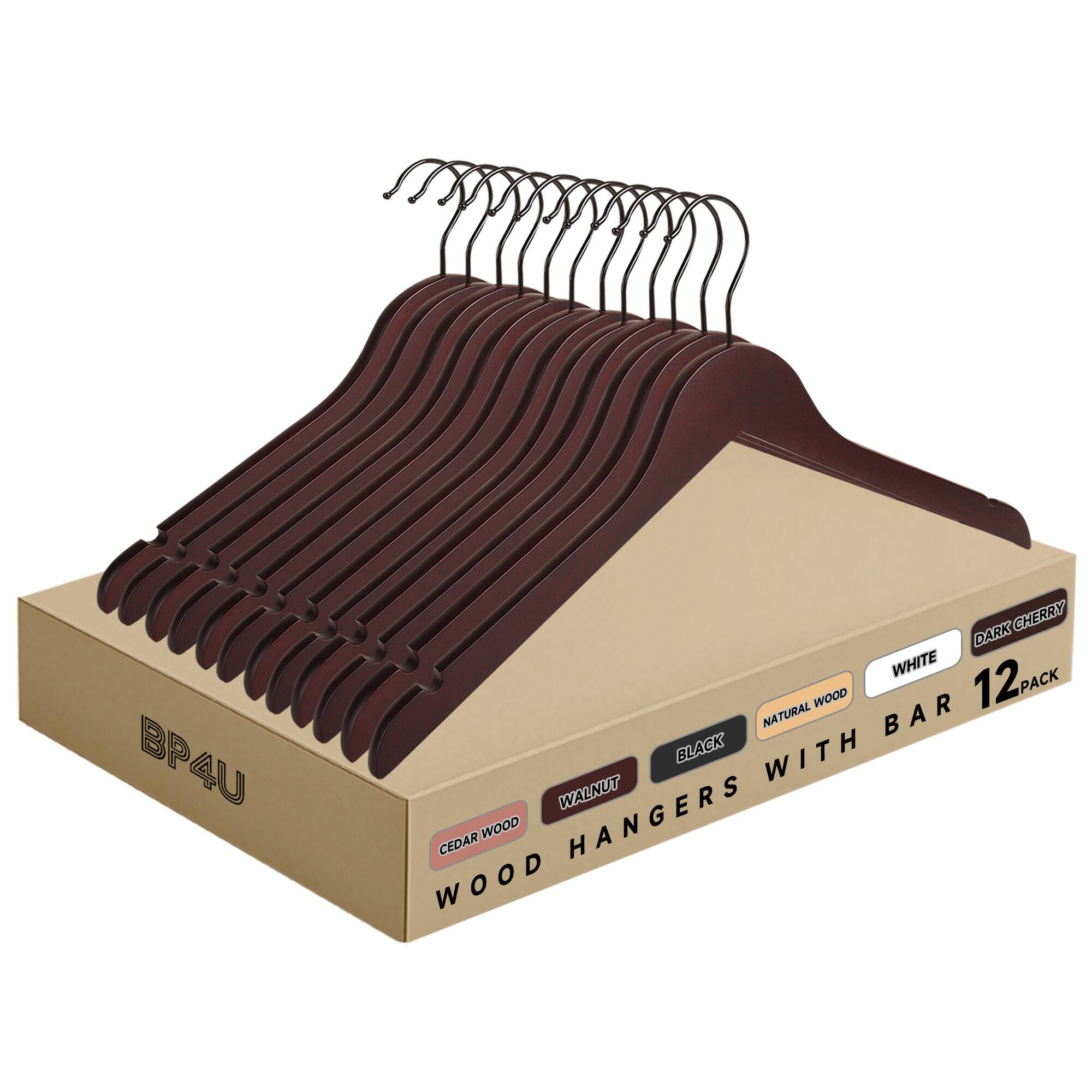 BP4U  
WOOD HANGERS WITH BAR  
12 PACK  
CEDAR WOOD  
WALNUT  
BLACK  
NATURAL WOOD  
WHITE  
DARK CHERRY