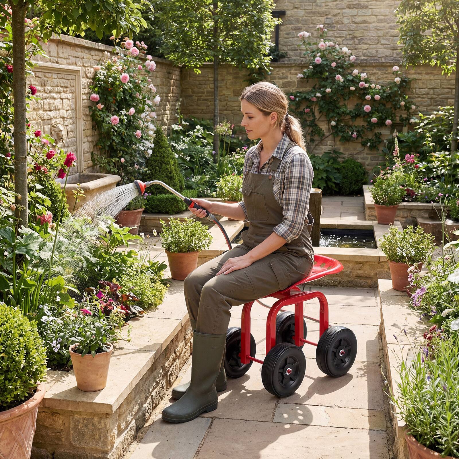 Alt View 1. Costway - Costway Rolling Garden Cart Heavy Duty Workseat with 360° Swivel Seat & Adjustable Height - Red.