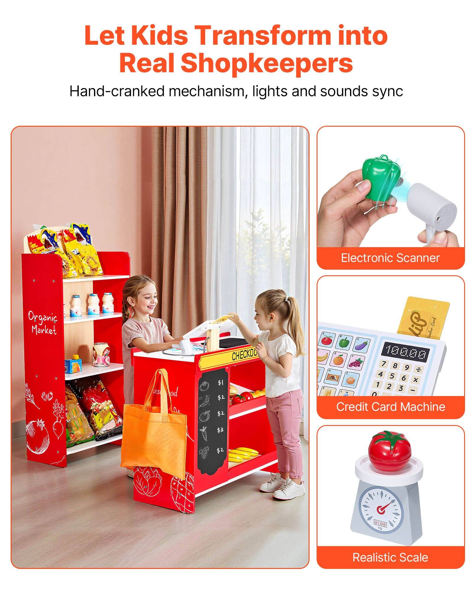 Let Kids Transform into Real Shopkeepers

Hand-cranked mechanism, lights and sounds sync

- Electronic Scanner
- Credit Card Machine
- Realistic Scale

Organic Market

CHECKOUT

$1 $2 $3